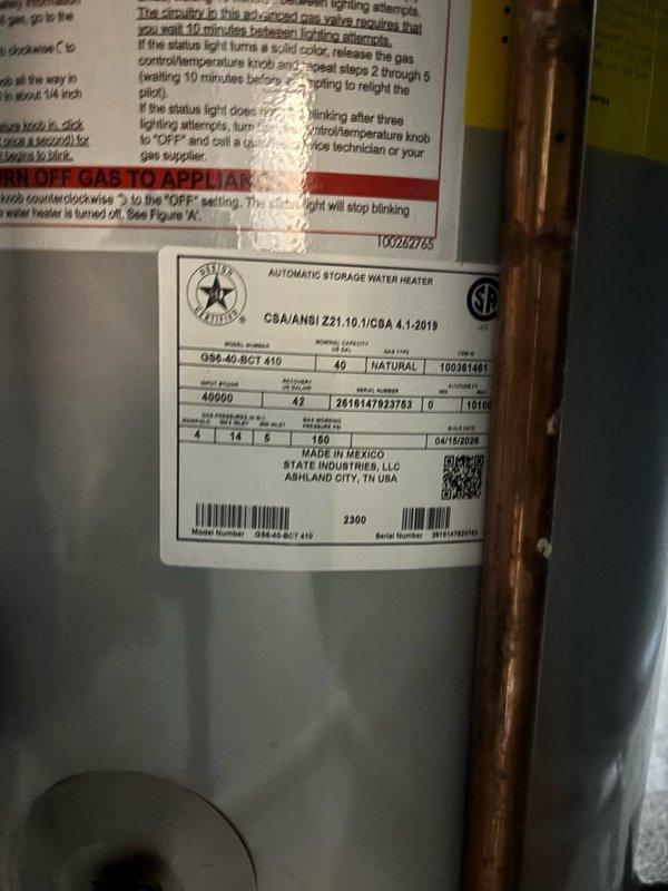 Installed a 40-gallon natural gas water heater (Rheem model G94-40-BCT 410) with thermal expansion tank to provide reliable domestic hot water heating. Completed camera inspection of plumbing line to assess interior pipe condition and verify system integrity. All connections were properly secured with copper piping, and the unit was tested for proper operation and safety compliance.