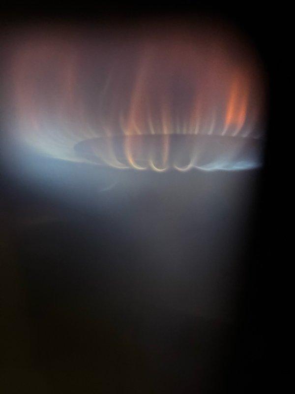 Responded to no hot water complaint in basement mechanical room. Upon arrival, inspected tankless water heater unit and associated gas burner assembly. Verified gas burner was igniting properly with characteristic blue flame base and proper combustion pattern across multiple flame ports. Checked all copper supply lines, shut-off valves, and connections to water heater for proper operation. Confirmed expansion tank mounting and plumbing system integration. System tested and restored to full operational status with adequate hot water delivery.