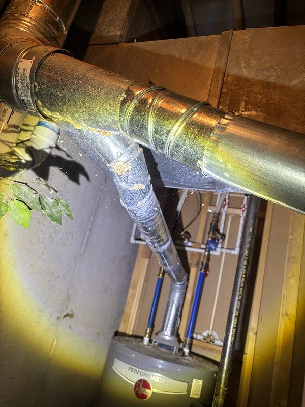 Completed comprehensive whole home plumbing inspection. Examined under-sink plumbing configuration including P-trap assembly and supply lines, which appeared functional with age-appropriate discoloration. Identified significant condensation issue on main copper supply line in mechanical space, indicating possible insulation deficiency or temperature differential concerns that may require attention to prevent ongoing moisture problems and potential pipe damage.