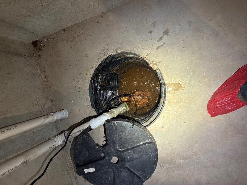 Completed preventive plumbing maintenance inspection revealing two areas requiring attention. Addressed sump pump system with standing water and sediment accumulation in basin, serviced pump mechanism and cleared debris from corrugated discharge line. Inspected corroded galvanized piping with threaded connections showing extensive rust and oxidation damage from moisture exposure, documented condition for future replacement consideration.