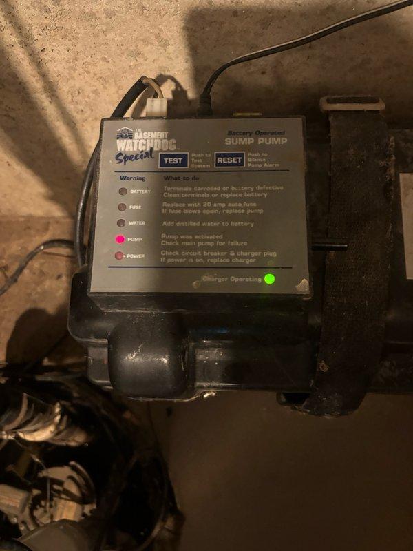 Conducted comprehensive sump pump system evaluation in basement location. Assessed existing Watchdog Special battery backup sump pump unit with dual pump configuration, verified control panel functionality including test and reset operations, and confirmed charger operating status. Inspected primary sump pump basin with waterproofed interior, examined PVC discharge piping with check valve assembly, evaluated electrical connections and float switch mechanisms, and documented system condition including water accumulation levels and component integrity for estimate preparation.