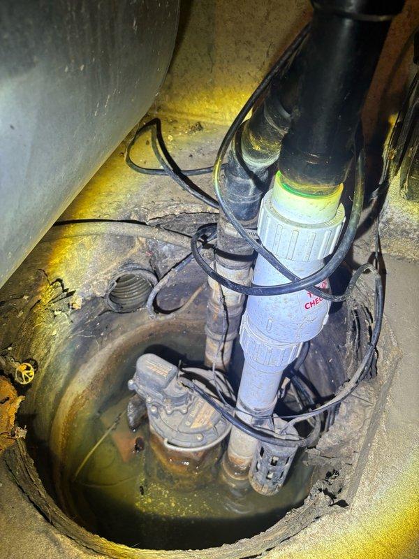 Conducted comprehensive sump pump system evaluation in basement location. Assessed existing Watchdog Special battery backup sump pump unit with dual pump configuration, verified control panel functionality including test and reset operations, and confirmed charger operating status. Inspected primary sump pump basin with waterproofed interior, examined PVC discharge piping with check valve assembly, evaluated electrical connections and float switch mechanisms, and documented system condition including water accumulation levels and component integrity for estimate preparation.