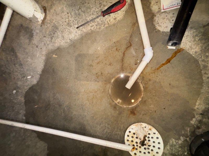 Responded to a clogged floor drain in the electrical room near the furnace that was not draining properly. Upon inspection, found a floor drain with a perforated metal cover and connected PVC piping system showing signs of water backup and moisture damage on the surrounding concrete floor. Removed the drain cover and extracted debris from the drain basin and strainer assembly. Cleared the blockage from the drain line, tested water flow to confirm proper drainage was restored, and reinstalled all components. The drain is now functioning correctly with no standing water present.