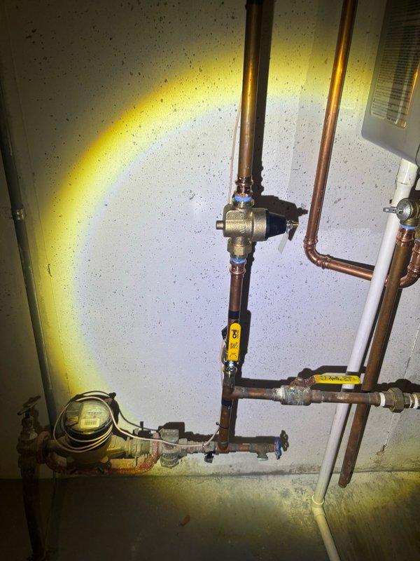 Documented tankless water heater installation by photographing the Rinnai unit and associated plumbing connections, including serial number and system components as requested. The unit displayed operational status with digital readout showing 321, and all copper supply lines, gas connections, shut-off valves, and manifold fittings were captured for service records.