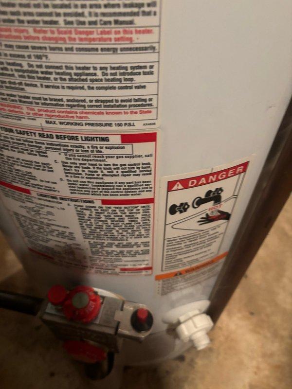 Conducted on-site assessment of 20-year-old gas water heater to provide replacement estimate. Inspected existing unit, which is currently operational but has reached end of expected service life. Documented water heater specifications including 150 PSI maximum working pressure rating, gas control assembly with temperature and pilot control system, and connection points. Evaluated supply and discharge piping configuration, including insulated hot and cold water lines with brass fittings and shutoff valves. Photographed existing installation to document current setup and facilitate accurate replacement planning for new water heater installation.