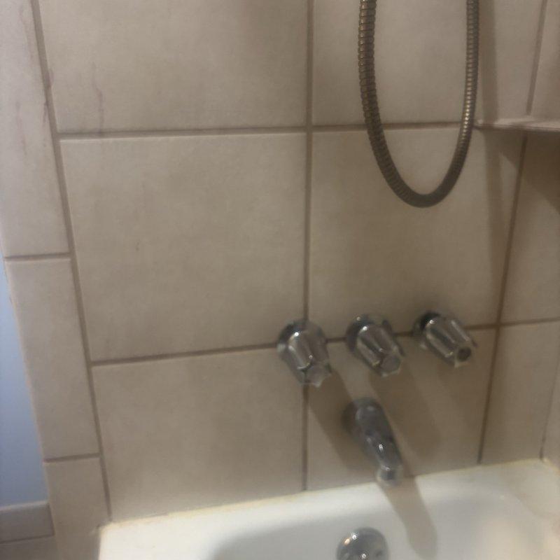 Replaced existing three-handle shower valve with new Moen Posi-Temp single-handle pressure-balancing valve. Created access point through adjacent side wall to facilitate installation, then installed oversized three-handle escutcheon trim plate to conceal previous valve mounting holes in tiled shower wall.