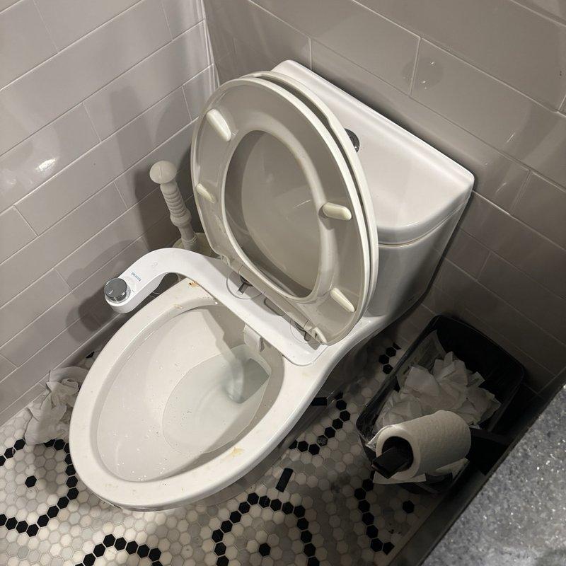 Responded to service call for toilet experiencing repeated clogging issues unrelated to debris or waste material. Upon inspection, found toilet equipped with Brondell bidet attachment showing signs of normal use and minor staining. Evaluated toilet bowl, flush mechanism, and dual-flush button system for proper operation. Assessed water supply line connections and shut-off valve functionality. Determined potential causes of recurring clogs and verified proper water flow through fixture. Documented existing conditions of bidet attachment, toilet assembly, and surrounding plumbing connections for service records.