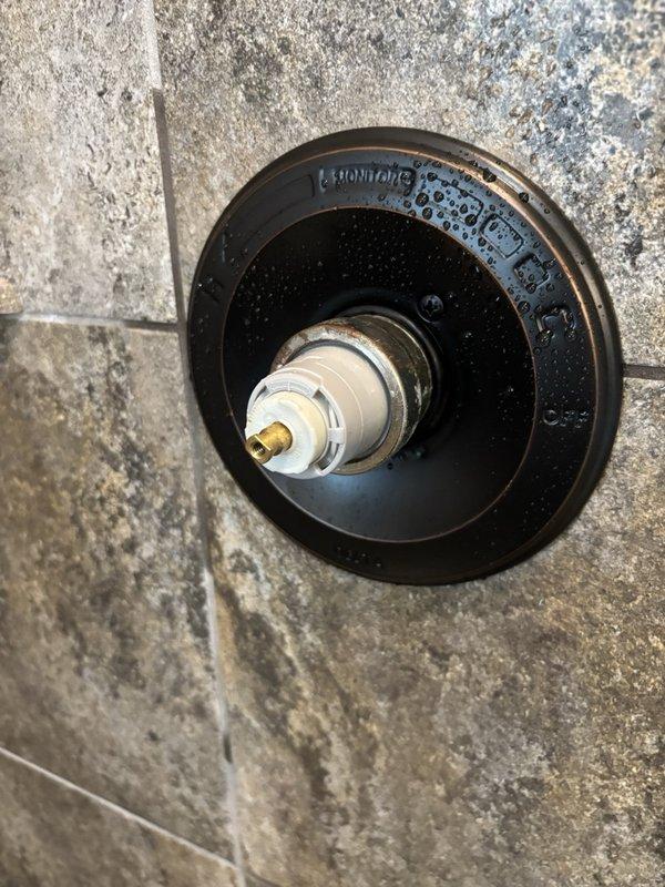 Responded to callback for shower leak near shower head assembly. Upon inspection, removed and examined the shower valve cartridge, which showed signs of wear and mineral buildup in the internal ports. Disassembled the valve trim and escutcheon to access the cartridge assembly. Identified compromised seals and corrosion on the brass components causing water to bypass and leak from the shower head connection. Replaced the faulty cartridge, cleaned the valve body, and reassembled the fixture to restore proper water control and eliminate the leak.