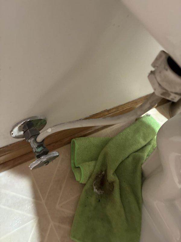 Performed plumbing inspection and documentation of bathroom toilet system. Upon examination, identified significant rust staining and mineral deposit accumulation inside toilet tank, indicating potential internal component deterioration and water quality issues affecting fixture longevity. Assessed flush mechanism and fill valve assembly for operational integrity. Photographed existing conditions for maintenance records, including tank interior deterioration and surrounding wall discoloration near fixture installation point.