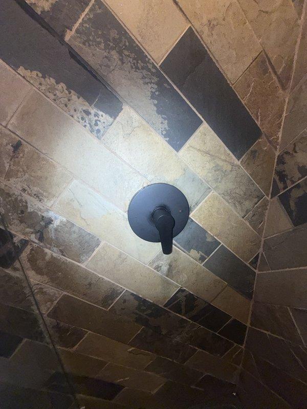 Diagnosed a leak occurring during shower operation at the valve and removed the failing Pfister cartridge, which showed surface wear and discoloration around the flange. Installed a replacement cartridge and reassembled the matte black trim plate and lever handle, then tested the valve through full operation to confirm the leak was resolved.