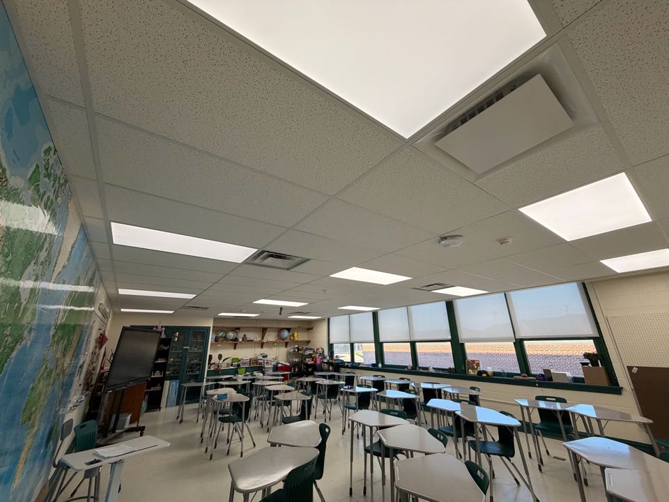 Nelson County High School Remodel. New LED light fixtures in classrooms and corridors.