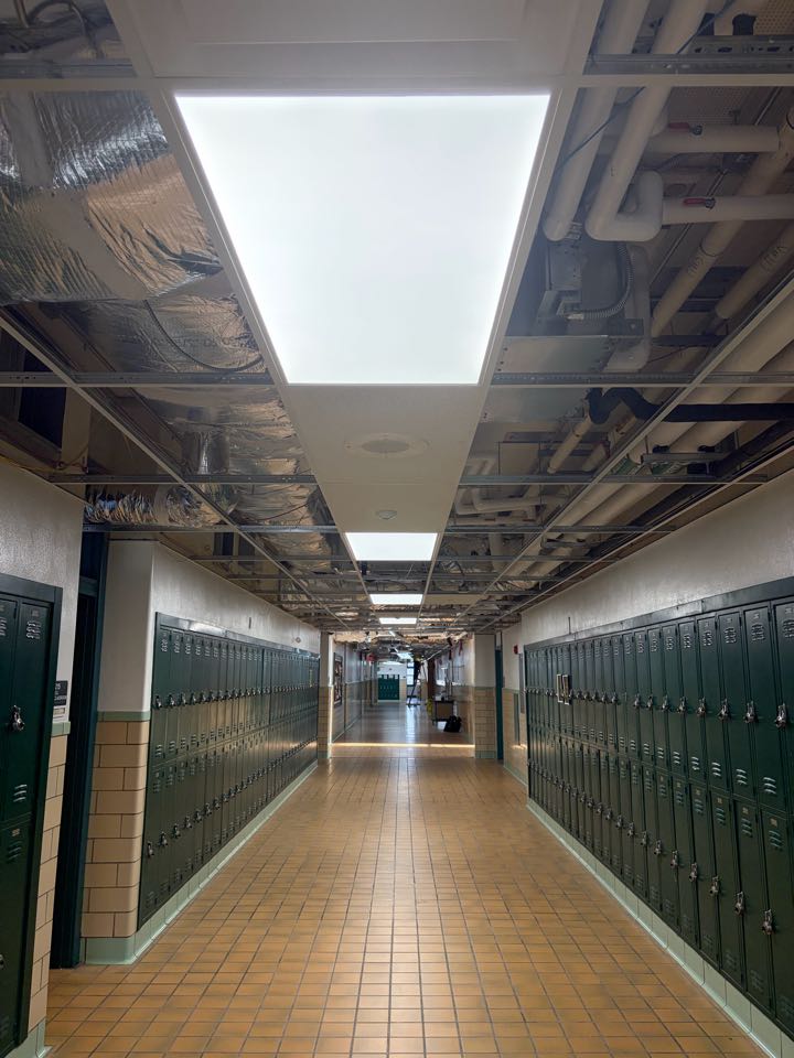 Nelson County High School Remodel. New LED light fixtures in classrooms and corridors.
