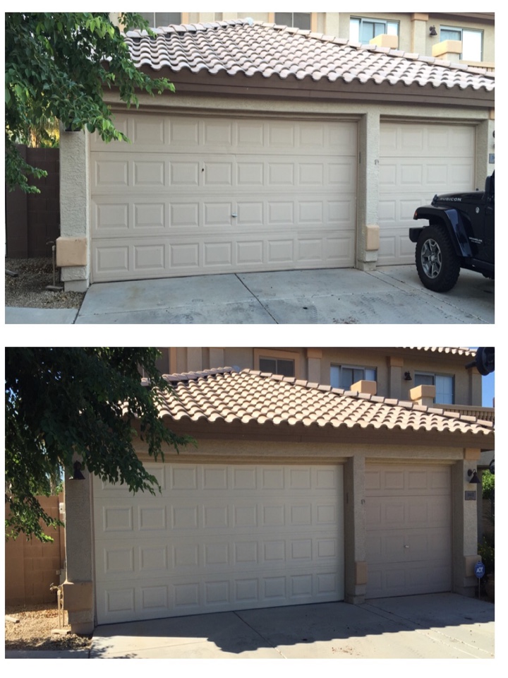 Old door was cracked and buckled, I removed and hauled the old door and installed a new door, also made adjustments to the opener.