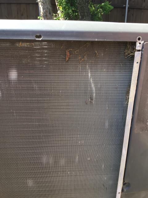 Hail Damage on air conditioning system, Adon Complete went through the back gate found Goodman condenser on side of the house. Combed out two different sides of condenser where I saw fins smashed down and rinsed off your unit with water to get all the Cottonwood and dust and debris out of there to help with efficiency.