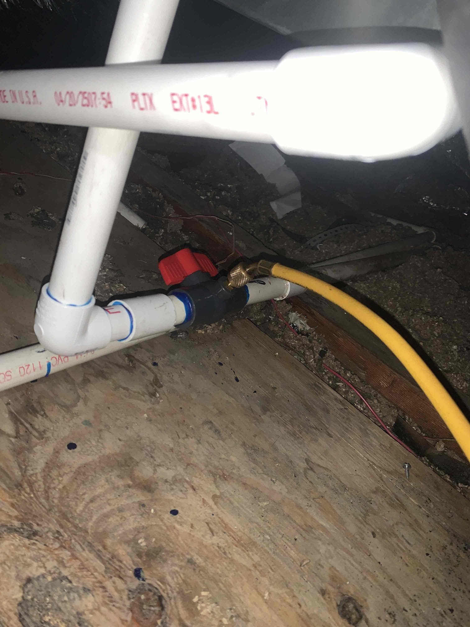 Arrived on site, and found drain line not draining properly. Blew out drain line with nitrogen and line would drain initially. However, I would receive back pressure shorty there after stopping the line from draining. Adjusted pitch of drain line to ensure that was not the issue, and had no different results. Upon tracing the drain line, I found water leaking out of the cast iron vent pipe that the drain line was tied into. Advised homeowner that unit may not work properly until this issue is addressed and that a plumber would need to address this issue. I advised the homeowner that we could run another drain line draining outside into an irrigation box, however I recommended addressing the larger issue with the vent pipe. Unit running upon departure, and drain line intermittently draining.