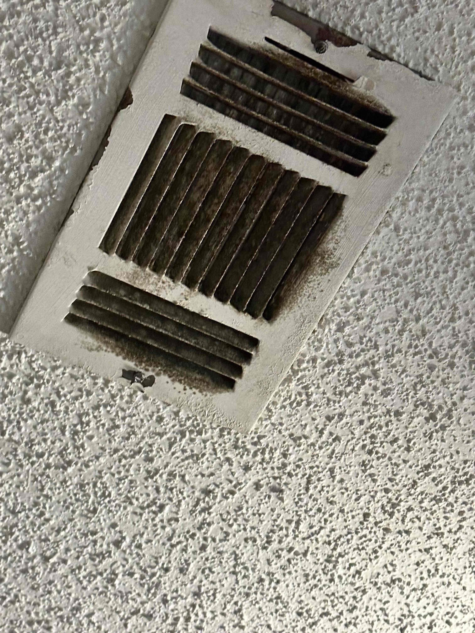 Upon arrival, I found that majority of the grills are covered in a growth. Home owner was on site during this visit. I removed 2 grills and found that the supply boots are not sealed. Also, I found that the home has high humidity. I told the customer, we need these units to run for longer periods of time and to leave the fan on auto. I measured all of the grills (review pictures for sizes), and I discussed sealing the supply boots during grill replacement. The estimate that will be provided will include sealing the supply boots. I noticed that the downstairs thermostat may be getting teased by the living room supply vent, also. All of the vents are 3 way vents.  Upon arrival, I found that majority of the grills are covered in a growth. Home owner was on site during this visit. I removed 2 grills and found that the supply boots are not sealed. Also, I found that the home has high humidity. I told the customer, we need these units to run for longer periods of time and to leave the fan on auto. I measured all of the grills (review pictures for sizes), and I discussed sealing the supply boots during grill replacement. The estimate that will be provided will include sealing the supply boots. I noticed that the downstairs thermostat may be getting teased by the living room supply vent, also. All of the vents are 3 way vents.