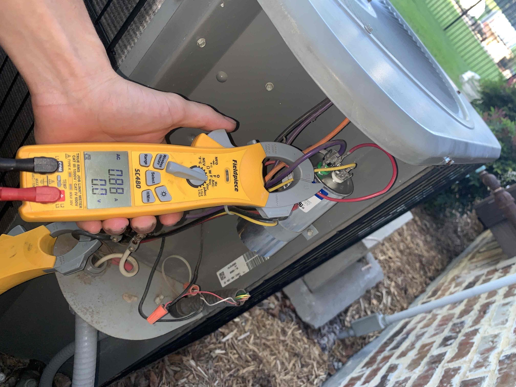 Arrived to unit off at the breaker. Homeowner replaced capacitor and the condenser fan motor would not turn on. Checked the capacitor the homeowner installed and found testing within manufacturer specs. Tested bearings on fan motor and found them to be in rough shape. Unit started up without issue. Measured start amps and found them to be high. Condenser fan was also pulling high amps but below the FLA rating. Contactor was looking pretty burnt and pitted and testing with high ohms, but within range. Cycled unit on and off several times with rest periods and everything was operating as it should. Advised homeowner of my findings, and provided a quote so he could get an idea of what the motor would cost. Homeowner would like to set up comfort advisor visit I order to get an idea of what a full system replacement would cost. Set up for Friday afternoon.