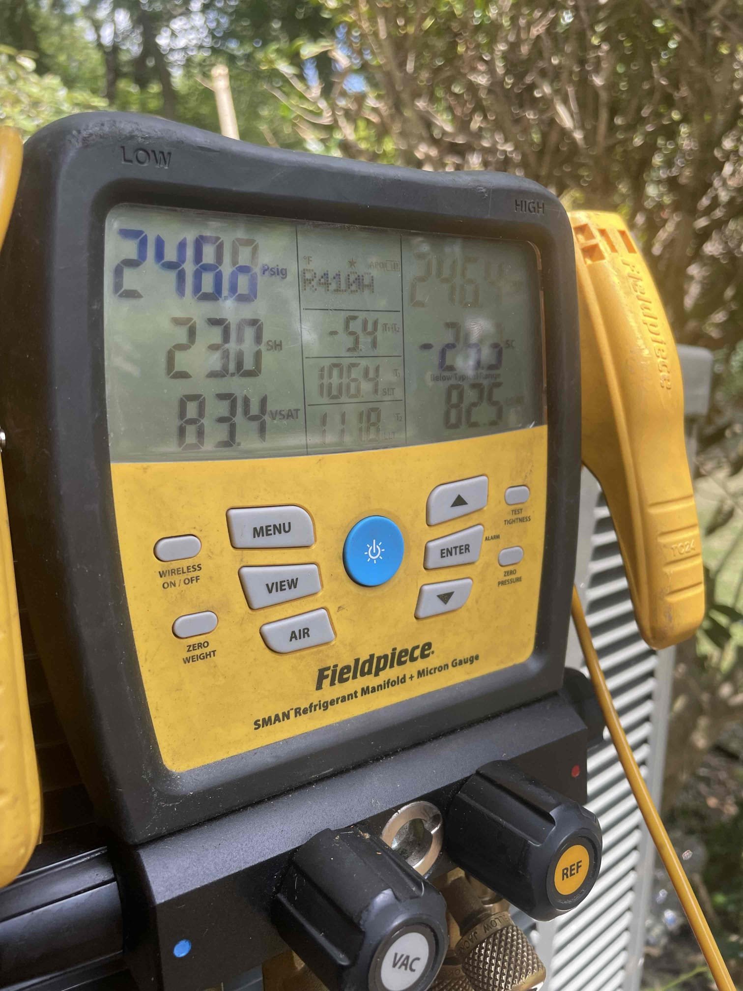 Arrived to master bedroom unit not working. Our client could feel and hear the indoor attic unit running but no cold air. We immediately started outside on the condenser and diagnosed a failed capacitor. The contactor was testing high within manufacture specifications. We showed our findings to our client and they elected to replace the capacitor under warranty only. They elected not to address the dirty outdoor coils nor join maintenance again.
Once the capacitor was replaced we measured Freon pressures and temperatures at the indoor unit. The unit was cooling with a 19º drop. Unit is cooling properly on departure. 