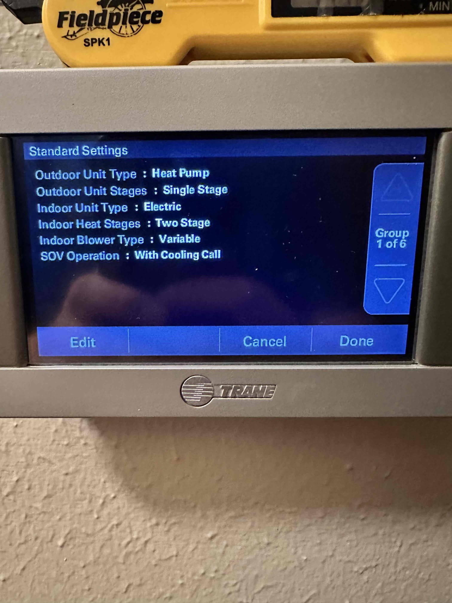 Upon arrival, I found that the thermostat would not discover the home’s Wi-Fi and was warm to the touch. I replaced the thermostat and wiring base. I programmed the thermostat to match the original thermostat. Customer spoke about how the kitchen side of the house as hotter than everywhere else. After inspecting, I determined that the best route would be to add an additional plenum with dampers on that side of the house and connect the ducts. This would allow control over individual areas. Currently, the unit has a single metal trunk that runs and splits the ducts inefficiently. I inspected the filter and a connection that we capped off per customer request. To remove the thermostat from nexia, we will need to connect to wifi and remove it on the thermostat. I could not do it on site due to it not discovering the customer’s Wi-Fi. 