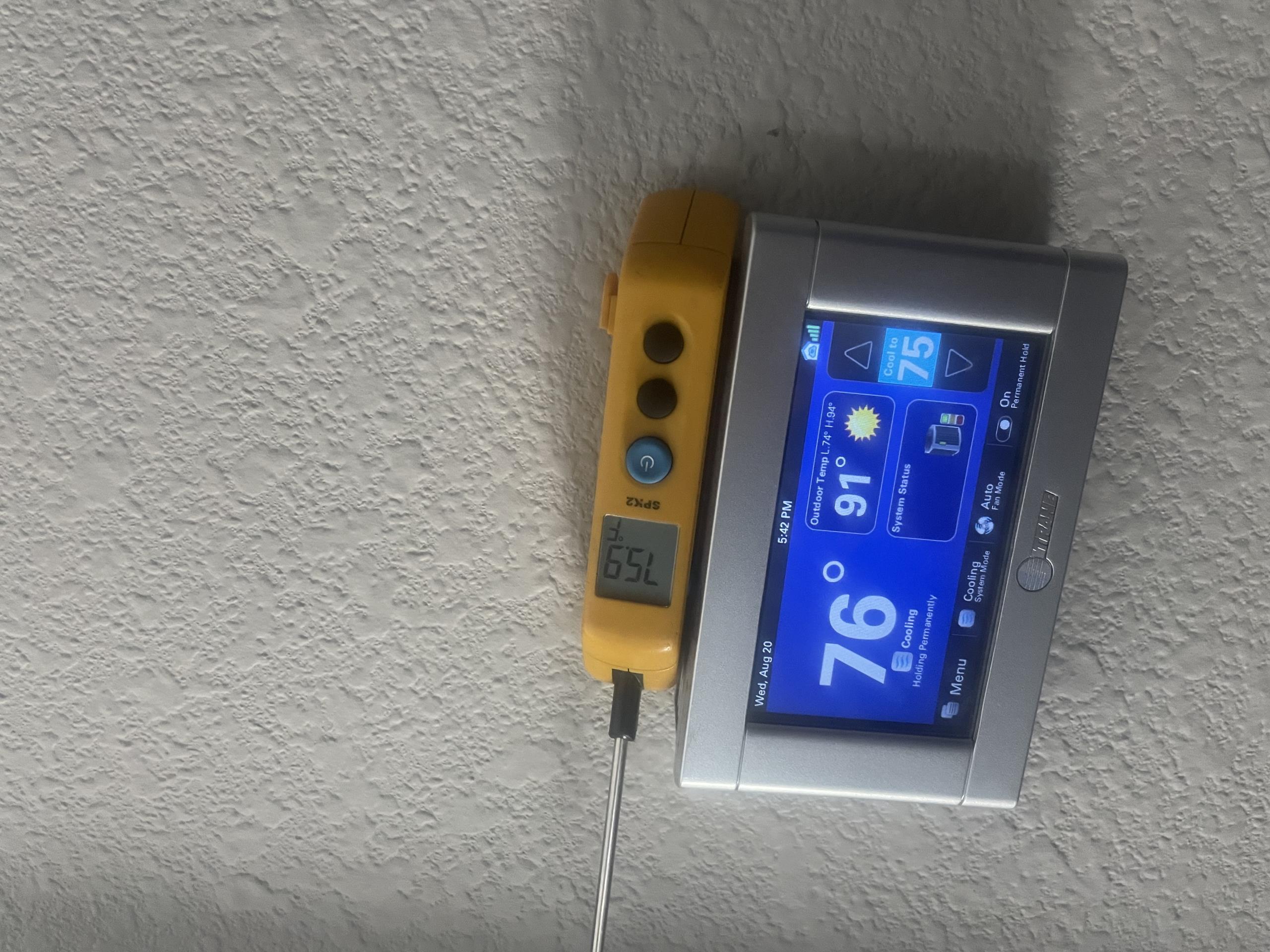 I returned to our clients home due to Not maintaining set point on thermostat. I Immediately proceeded outside and connect my gauges to the unit to measure Freon pressures. I did also place the unit in test mode for second stage cooling. I diagnosed that the unit was slightly overcharged from the previous repair that was made. I began to slowly remove refrigerant from the system and ensure the pressures were within normal manufacture specifications. I proceeded into the attic and measured a 17° temperature drop in second stage. The unit was cooling properly on departure.