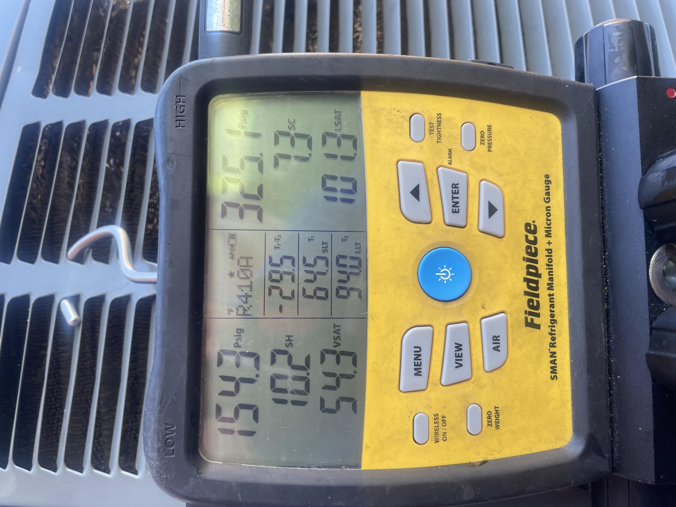 I returned to our clients home due to Not maintaining set point on thermostat. I Immediately proceeded outside and connect my gauges to the unit to measure Freon pressures. I did also place the unit in test mode for second stage cooling. I diagnosed that the unit was slightly overcharged from the previous repair that was made. I began to slowly remove refrigerant from the system and ensure the pressures were within normal manufacture specifications. I proceeded into the attic and measured a 17° temperature drop in second stage. The unit was cooling properly on departure.