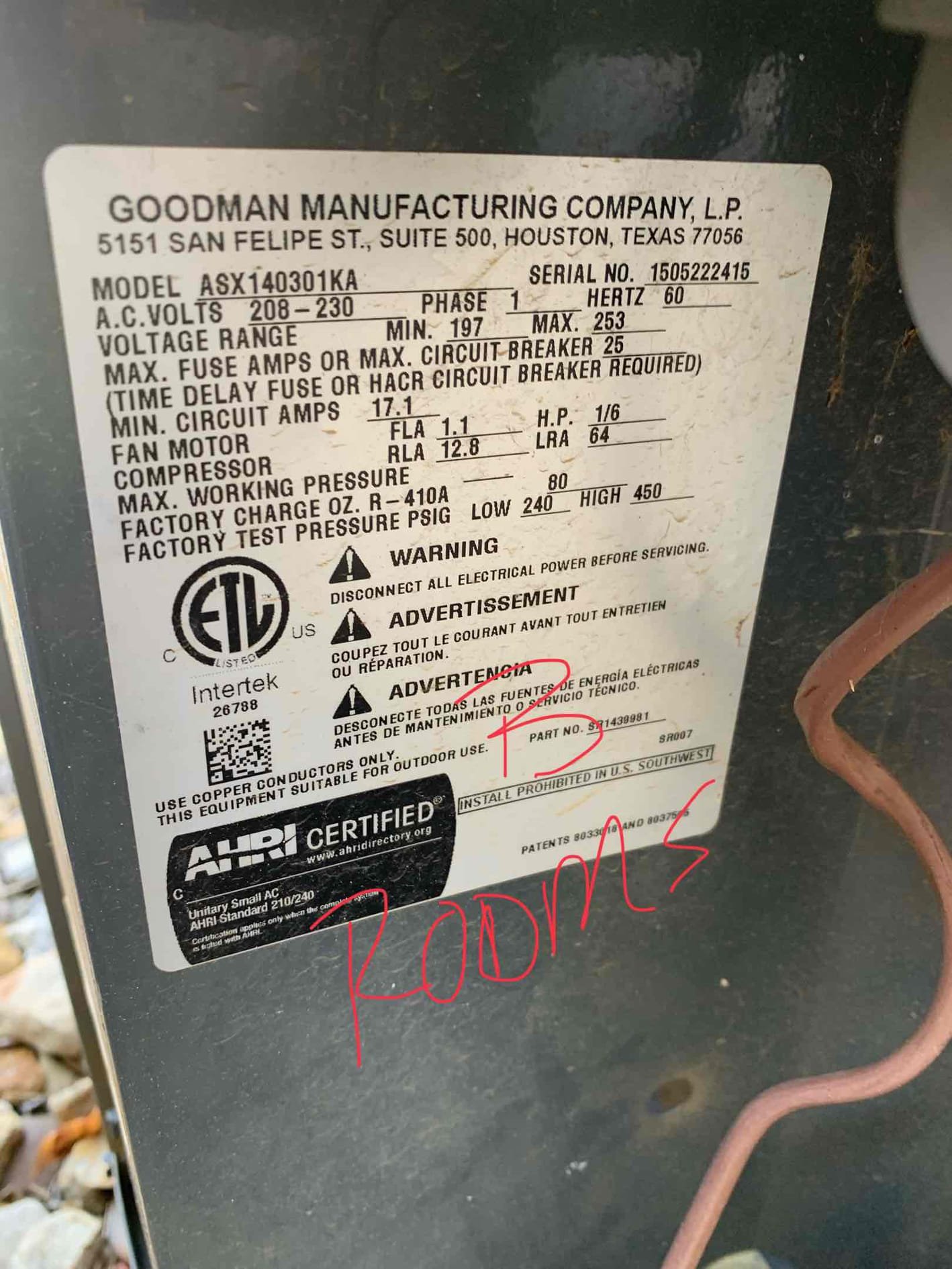  208/210 unit freezing. Believed to be refrigerant leak will need to check after defrosting. 2013
213 cap looks old and rusty but testing within range.
200 hallway thermostat wire to outdoor unit has exposed bare copper. This could cause a short. Missing insulation on suction line. Disconnect is broken. Terminal has broken off from disconnect box. Cannot safely check electrical on this unit until, disconnect issue is addressed.
200 lobby old and rusty cap but testing within range contactor is testing outside of manufacturer specification.
202 bad capacitor
200 -B Rooms bad capacitor 
Hallway and B rooms north side - R22 unit and bush removal
MC lobby and Activities- bad capacitor and condenser cleaning
MC Dinning - hard start kit recommended for high start amps, capacitor, and Contactor. Fan would come on immediately but compressor is struggling to start up. 
A Rooms 300s - bad cap
Maintenance office - 1996 R22 unit
Dining- bad capacitor 
Kitchen - bad capacitor
Room 308 - R22 system 0
