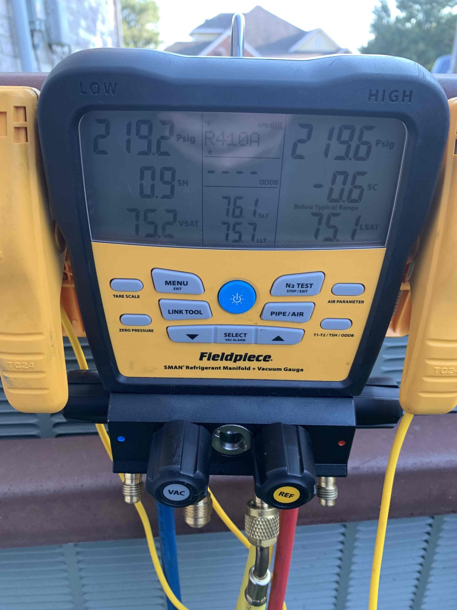 Upon arrival client stated that inside u it would come on but not blow cold air. I proceeded outside with the client to check electrical components and refrigerant pressure. I noticed the outdoor fan running but the compressor was not. Upon further inspection of the unit I found that the 70/7.5 capacitor to be bloated. And read at 0 microfarads. The fan was on a separate 5MFD capacitor and was reading at 4.8/5. I also tested the Contactor and was only getting 10 ohms, which is also a concern and could cause the unit not to work properly. I presented the client with my findings and he has elected to wait on repairs at this time. I explained to the customer that without the capacitor that his unit would stay in the same state that it was in. Standing refrigerant pressures were at 220psig on high and low side indicating that there is no leak in the system. Client elected to turn the outdoor disconnect back on. Unit is down and not cooling upon departure.