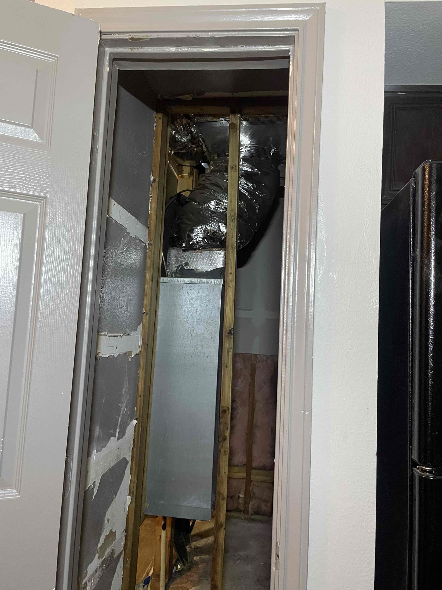 Unit 7203 had water damage on the ceiling drywall that needed to be cut out and removed. I was able to remove the mixing supply box that was blocking the drywall. One removed I sealed the duct work to prevent dust from entering ass well as the mixing box. This will help prevent dust from entering into the box. And allow for us to properly recycle and re install the mixing box.
we will return mon day to re install the ducts and box as well as us mastic around the connections.
 Unit 7203 had water damage on the ceiling drywall that needed to be cut out and removed. I was able to remove the mixing supply box that was blocking the drywall. One removed I sealed the duct work to prevent dust from entering ass well as the mixing box. This will help prevent dust from entering into the box. And allow for us to properly recycle and re install the mixing box.
we will return mon day to re install the ducts and box as well as us mastic around the connections.