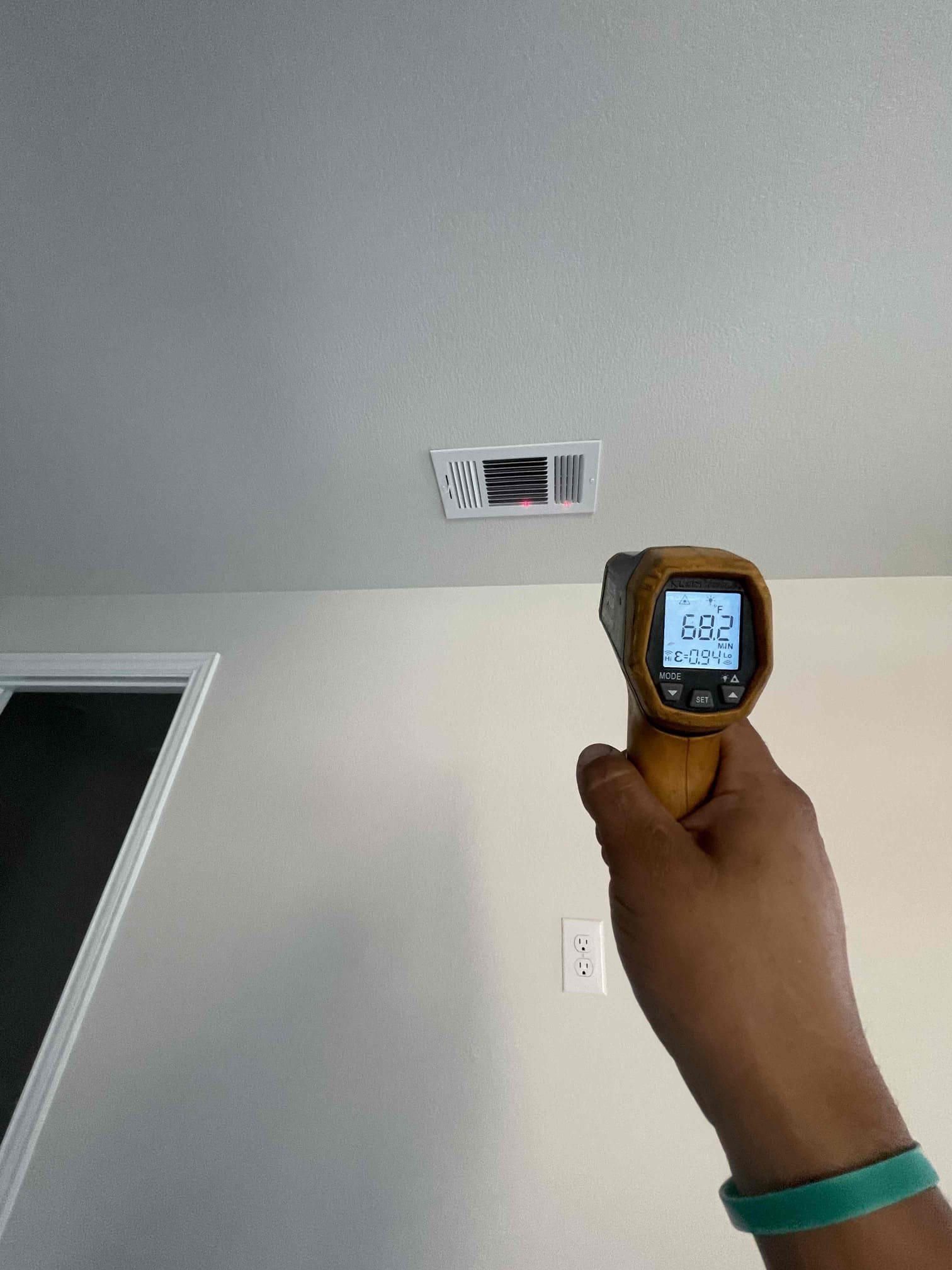 Returned to our clients home to preform another inspection on the finished home. The HVAC system has not changed or been addressed from the previous visits. The system is a 5 ton single stage AC with a 90% furnace for a 3500 sq ft home.

The unit is undersized according to the manual J I ran today at the home. I ran the manual J with an average outdoor temperature of 110º and it was closer to 7 tons.

There is not enough air being supplied to the entry way of the home.

The master bedroom and one of the smaller bedrooms have the return grill within 4 feet of the supply air in the room.

There is a large gaps present on the evaporator coil that is allowing a significant amount of air to leak. This is due to a compromised cabinet door that needs to be secured shut.

There are several gaps in the return box, a the filter hits the closet door making it inconvenient and difficult to remove and replace.

There are several temperature discrepancies between the supply vents in the home some of