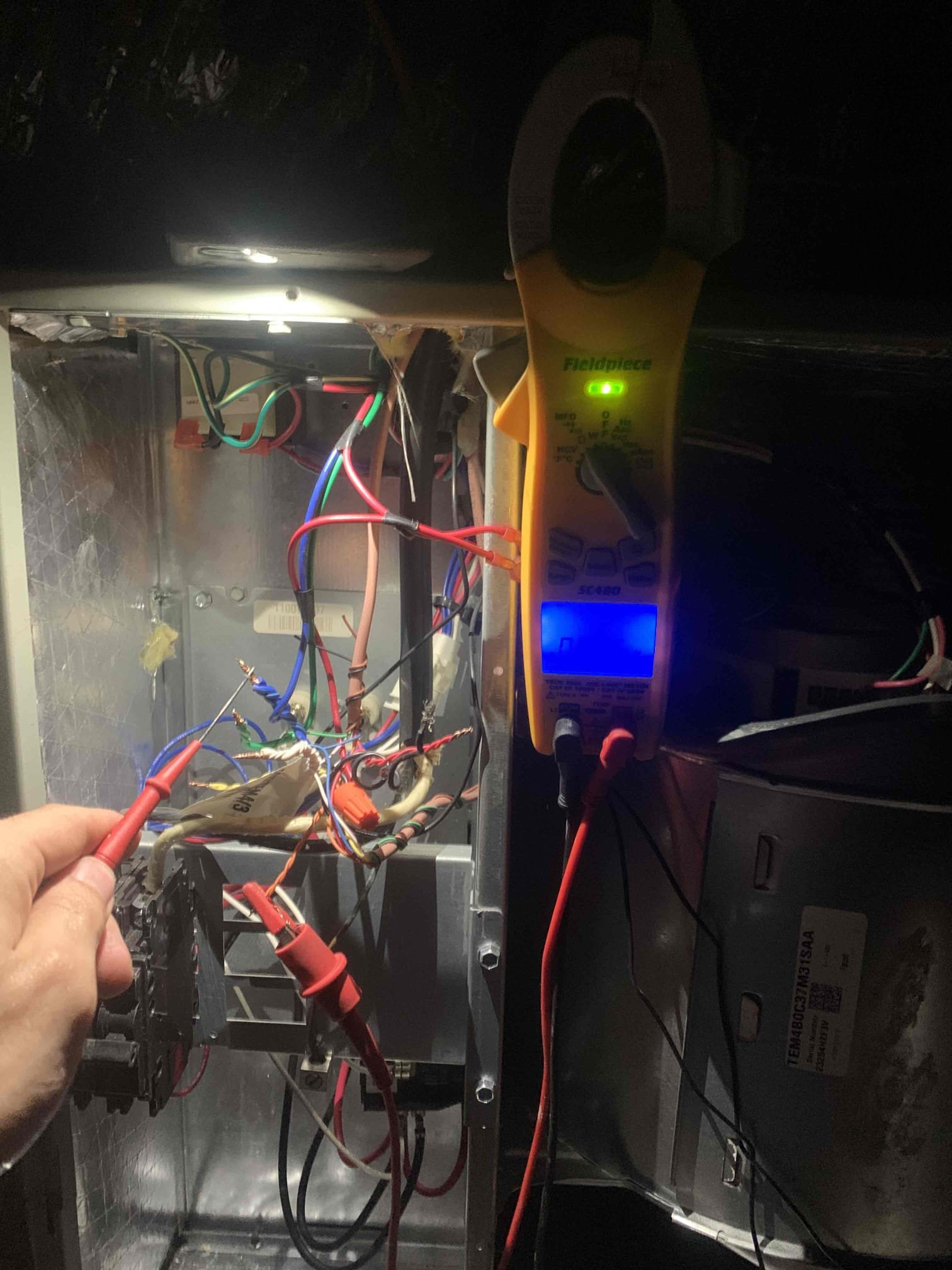 Arrived on site found thermostat powered down. Removed thermostat and found slightly loose common wire and tightened it up. Proceeding to the attic unit I found a blown fuse. All the symptoms of a short are present so I extensively searched for low voltage short and could not find one. Replaced fuse and unit powered on without issue and continued to run for 20 minutes. Discussed with homeowner that this is an intermittent issue which tells me the issue has to be with a circuit board having ruled out a short. The thermostat or the outdoor control board could be causing this issue, but the outdoor control board appears to be in good condition and working properly at this time. This leads me to believe that the thermostat is causing this issue.  Arrived on site found thermostat powered down. Removed thermostat and found slightly loose common wire and tightened it up. Proceeding to the attic unit I found a blown fuse. All the symptoms of a short are present so I extensively searched for low voltage short and could not find one. Replaced fuse and unit powered on without issue and continued to run for 20 minutes. Discussed with homeowner that this is an intermittent issue which tells me the issue has to be with a circuit board having ruled out a short. The thermostat or the outdoor control board could be causing this issue, but the outdoor control board appears to be in good condition and working properly at this time. This leads me to believe that the thermostat is causing this issue.