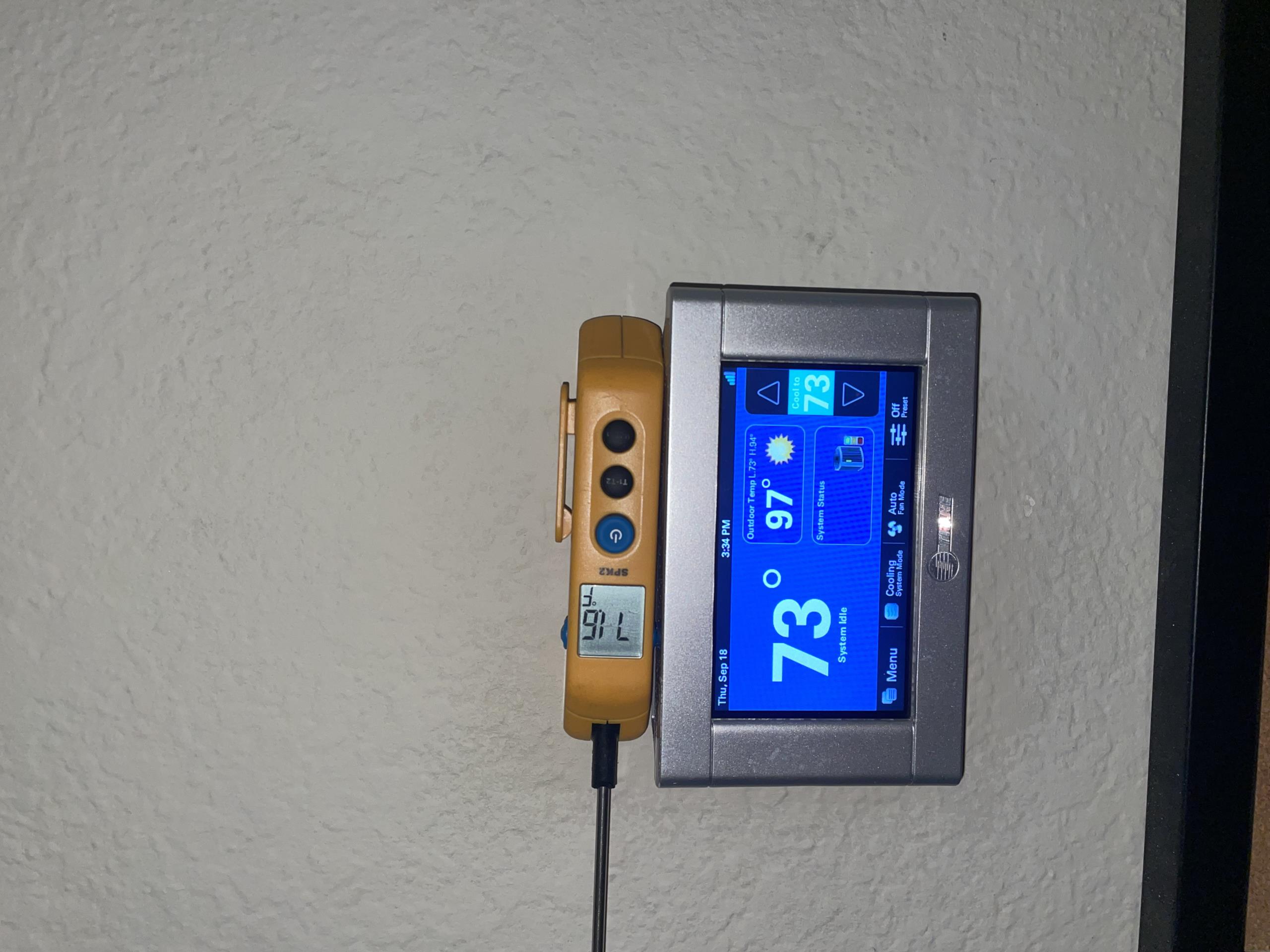 ***Trail for 30 days before collecting payment***

Returned to home to install wireless temperature sensor to the upstairs thermostat. I connected the sensor and gave it 100% temperature control for the zone. Paul asked if we could put the sensor in his son’s bedroom. This room has a half dome window without shade. Once we placed the sensor in this space we allowed it to adjust on its own and it reached the existing set point of 73º. The thermostat displays the temperature read by the wireless sensor and we discussed the importance of changing the batteries to ensure the upstairs space stays comfortable.

The wireless sensor reached the 73º set point and shut off the unit. This is an immediate sign that the system is functioning and cooling properly and that the residual heat affecting the wall mounted thermostat should no longer be an issue. We will still give Paul 30 day trail before charging the card on file.