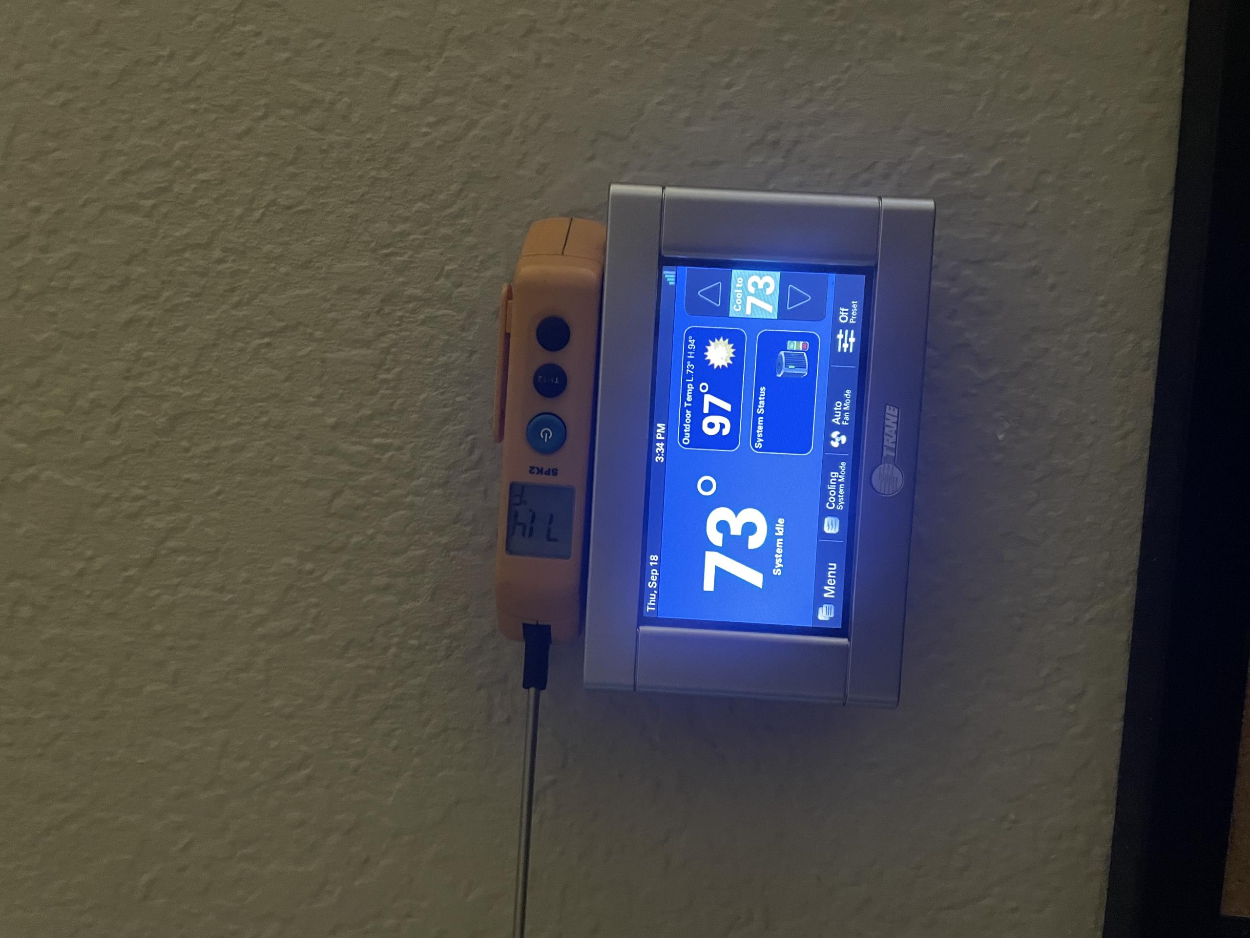 ***Trail for 30 days before collecting payment***

Returned to home to install wireless temperature sensor to the upstairs thermostat. I connected the sensor and gave it 100% temperature control for the zone. Paul asked if we could put the sensor in his son’s bedroom. This room has a half dome window without shade. Once we placed the sensor in this space we allowed it to adjust on its own and it reached the existing set point of 73º. The thermostat displays the temperature read by the wireless sensor and we discussed the importance of changing the batteries to ensure the upstairs space stays comfortable.

The wireless sensor reached the 73º set point and shut off the unit. This is an immediate sign that the system is functioning and cooling properly and that the residual heat affecting the wall mounted thermostat should no longer be an issue. We will still give Paul 30 day trail before charging the card on file.
