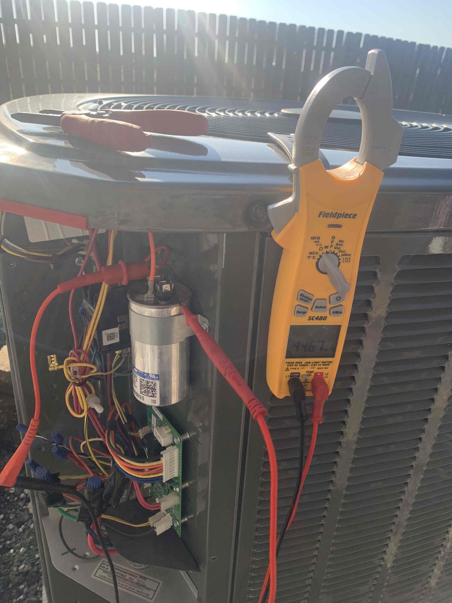 1. Visually inspected condenser coil for debris/ dirty.
2. Inspected condenser fan motor.
3. Inspected condenser fan blades.
4. Inspected/ cleaned wiring connections.
5. Tested compressor/ condenser fan motor capacitor.
6. Checked compressor amp draw- inconsistent over amping advised hard start kit/soft start kit to reduce wear and tear on unit
7. Checked condenser fan motor amp draw.
8. Inspected return filter- homeowner would like to change themselves in a month
9. Inspected return plenum for debris
10. Measured temperature differential from supply to return. 20 degrees measured.
11. Inspected drain lines and treated to prevent blockages and treated
12. Rinsed condenser unit to promote heat exchange
All is well unit regards to normal unit operation. Unit in good working order upon departure.