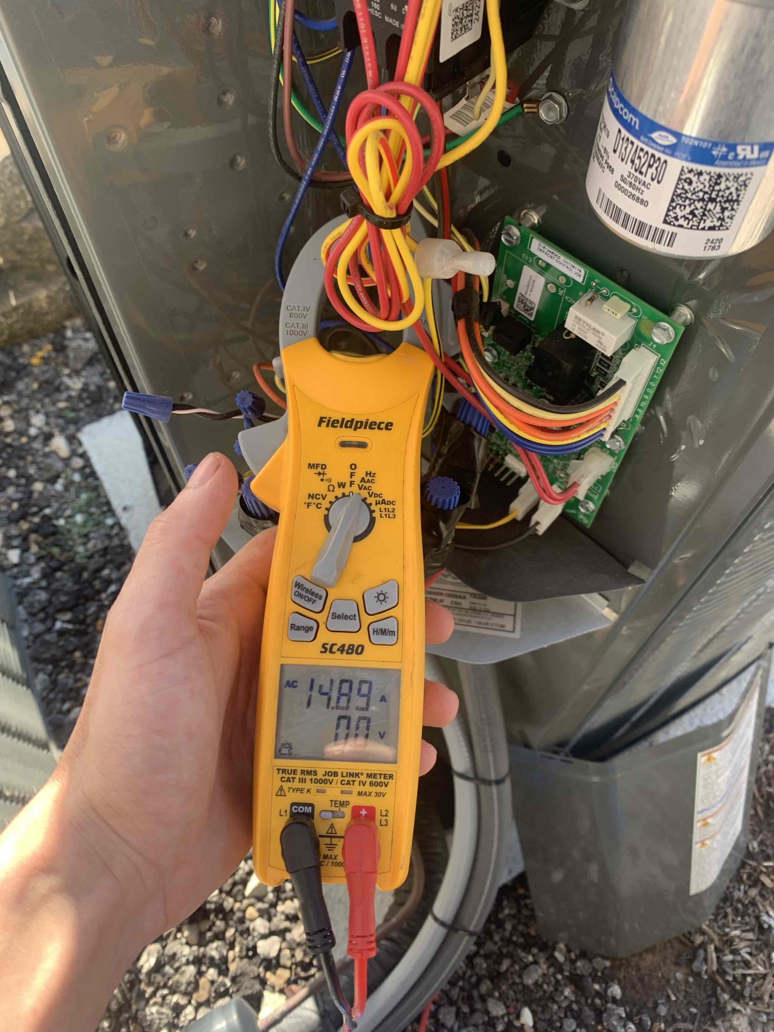 1. Visually inspected condenser coil for debris/ dirty.
2. Inspected condenser fan motor.
3. Inspected condenser fan blades.
4. Inspected/ cleaned wiring connections.
5. Tested compressor/ condenser fan motor capacitor.
6. Checked compressor amp draw- inconsistent over amping advised hard start kit/soft start kit to reduce wear and tear on unit
7. Checked condenser fan motor amp draw.
8. Inspected return filter- homeowner would like to change themselves in a month
9. Inspected return plenum for debris
10. Measured temperature differential from supply to return. 20 degrees measured.
11. Inspected drain lines and treated to prevent blockages and treated
12. Rinsed condenser unit to promote heat exchange
All is well unit regards to normal unit operation. Unit in good working order upon departure.