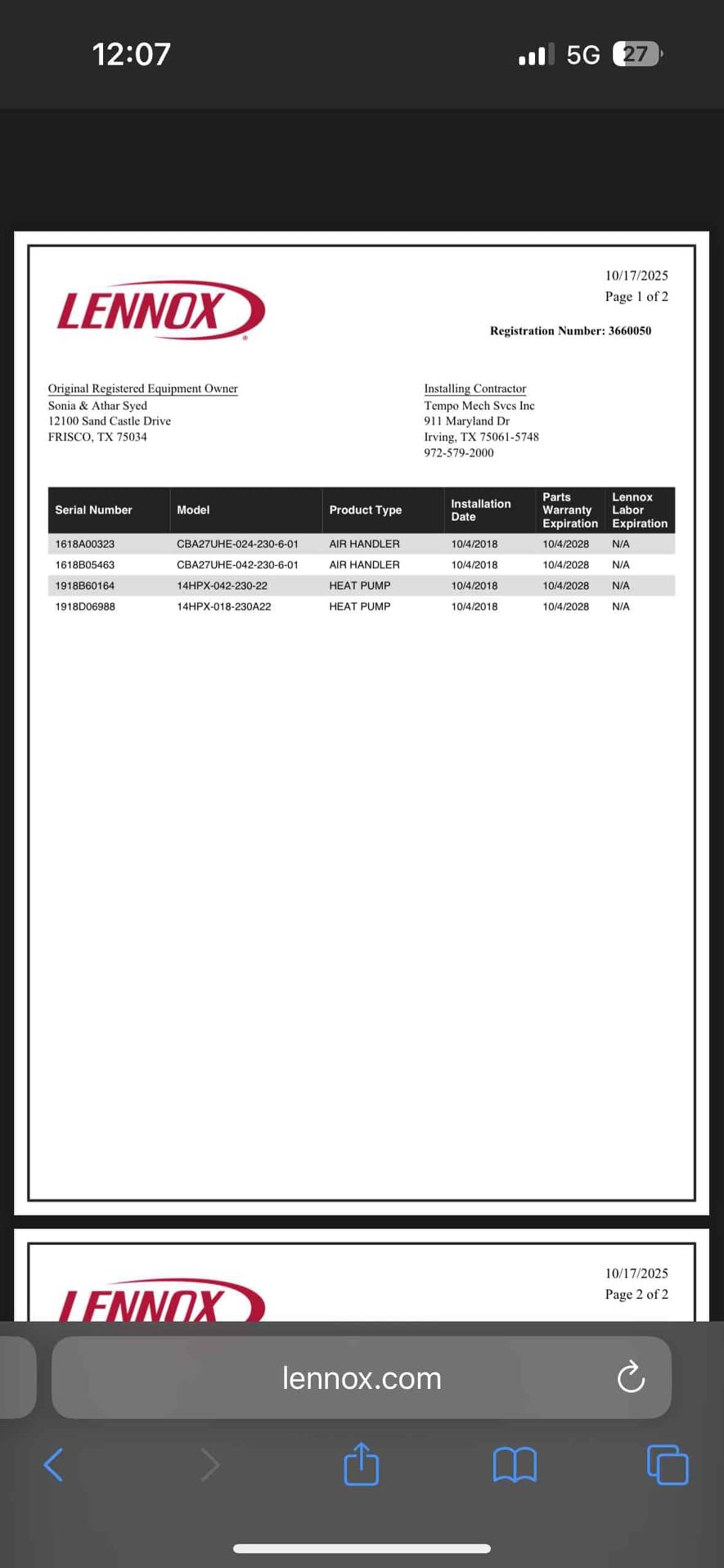Upon arrival, I found that the outdoor unit had lost high voltage due to a tripped breaker. I began diagnosing by checking for issues that would cause the breaker to trip. I found that the compressor has become short to ground. I verified warranty on the equipment. It is coverage until 2028. The route to repair is either compressor replacement or system replacement. With a compressor replacement, it is necessary to put virgin (unused) refrigerant back into system and replace the refrigerant filter dryer. An estimate was generated for labor, refrigerant, and refrigerant filter dryer. Also, I observed that the drain has become clogged since last service. Both the upstairs and downstairs drains are tied together. 

Jacob and I have both offered compressor savers for both systems and customer has declined them on multiple occasions.