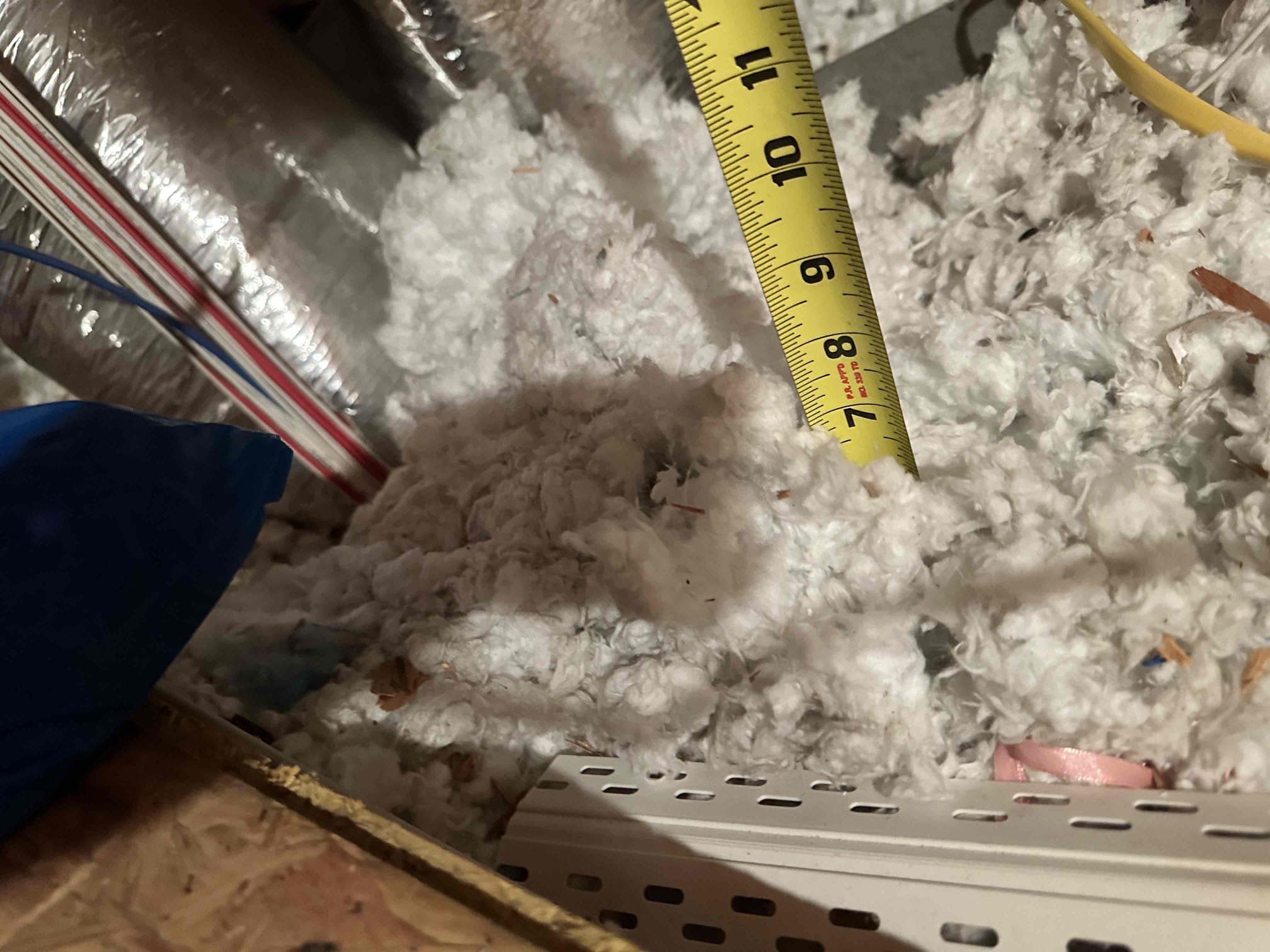 Upon arrival, I gained access to the attic space and measured the depth in multiple areas. I found that the home has an average of 7” of insulation. I located 1 recessed light, and I found, what I presumed to be the bathroom vent, to be buried in insulation. I noticed that one of the emergency pans was beginning to rust through. I brought this up to the customer. I have approval to heavily discount the emergency pan, if the customer approves the bundle option. This option includes: maintenance program, R38 insulation, and emergency drain pan.  Upon arrival, I gained access to the attic space and measured the depth in multiple areas. I found that the home has an average of 7” of insulation. I located 1 recessed light, and I found, what I presumed to be the bathroom vent, to be buried in insulation. I noticed that one of the emergency pans was beginning to rust through. I brought this up to the customer. I have approval to heavily discount the emergency pan, if the customer approves the bundle option. This option includes: maintenance program, R38 insulation, and emergency drain pan.