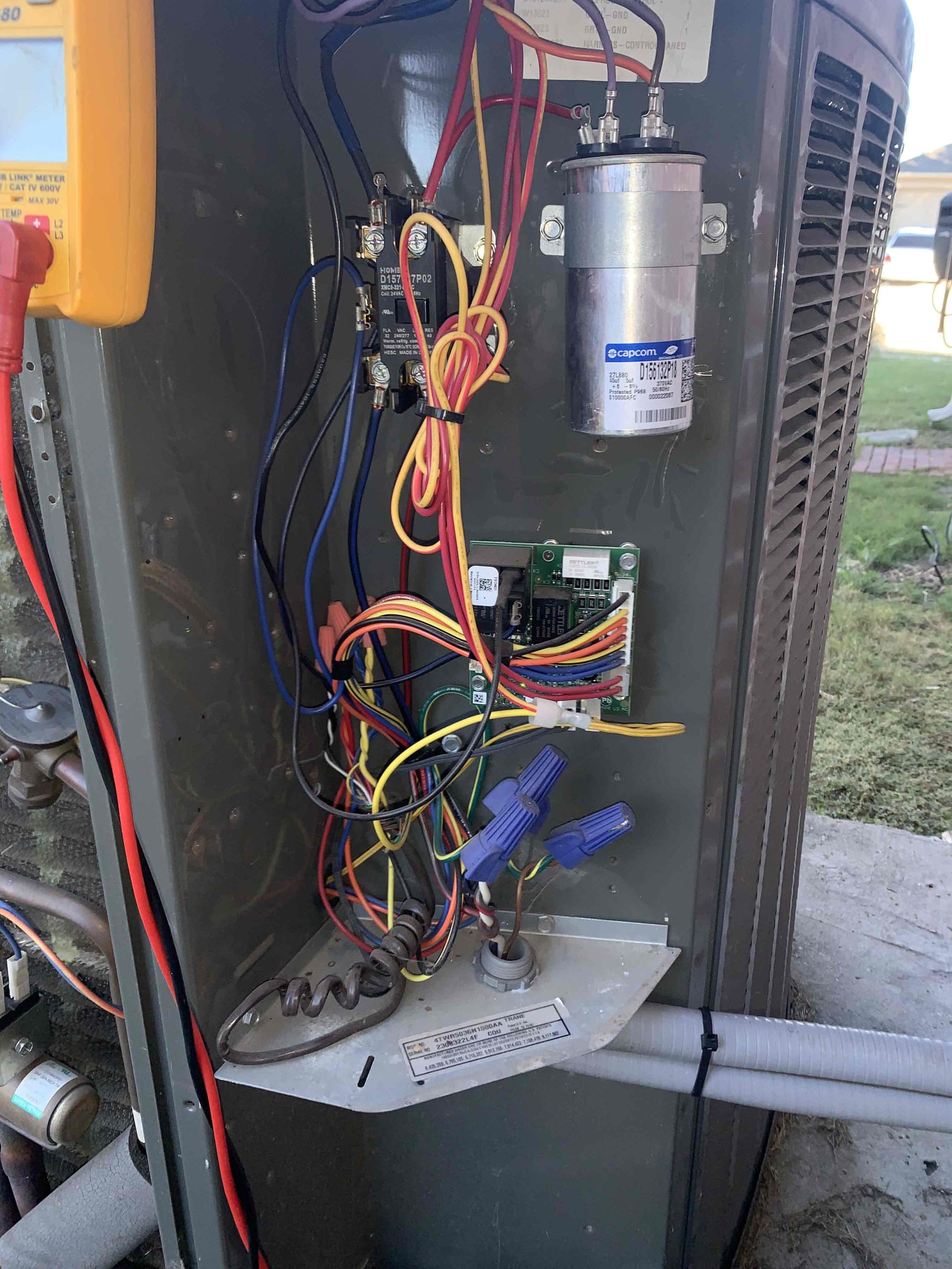 Arrived on site for heating maintenance on 2023 Trane Heatpump. Customer stated all was well with normal unit operation and had not turned on heat for the year.
1. Visually inspected condenser coil for debris/ dirty.
2. Inspected condenser fan motor.
3. Inspected condenser fan blades.
4. Inspected/ cleaned wiring connections.
5. Tested compressor/ condenser fan motor capacitor.
6. Checked compressor amp draw.
7. Checked condenser fan motor amp draw.
8. Inspected / replaced return filter.
9. Inspected return plenum for debris/ dirty.
10. Inspected evaporator coil.
11. Inspected blower motor/ blower wheel.
12. Checked blower amp draw.
13. Measured temperature differential from supply to return. 20 degrees measured.
14. Tested capacitor and contactor (outdoor electrical)
15. Rinsed condenser unit to promote heat exchange
16. Tested emergency heat and found no issues 

Discussed Airscrubber previously discussed with homeowner. He declined at this time, but was still interested and stated h