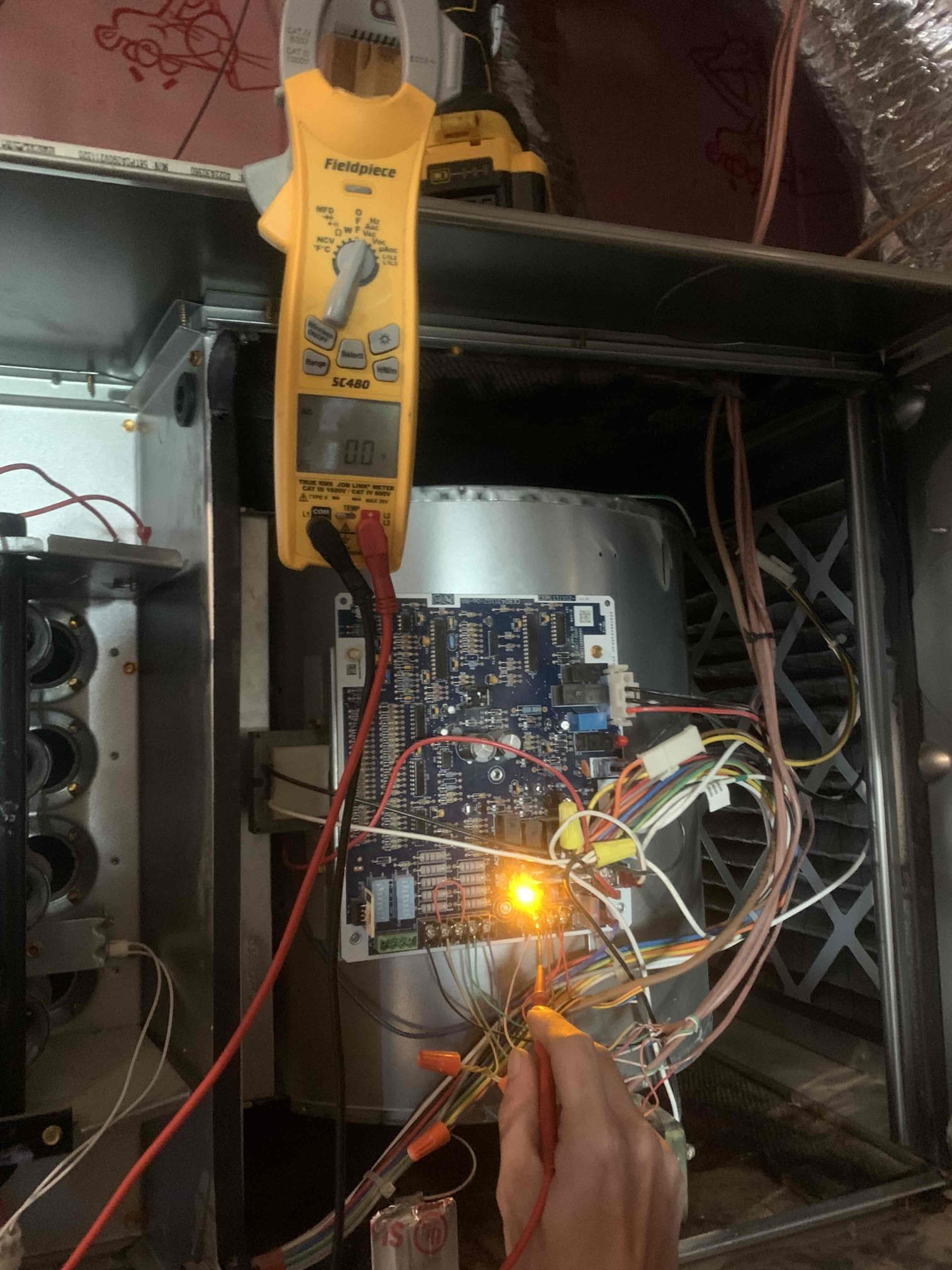 Arrived on site, for no heat. Homeowner has been in the home for two years. Homeowner stated blower motor was running Hear the gas running. I began by setting the downstairs thermostat to heat. Upon reviewing the furnace, I found it was not calling for heat on the zone board. I tested the heat directly from the zone board and the furnace completed the heat cycle without issue. I then tested heat on the upstairs thermostat and it also completed the heating cycle without issue. I then wired R and W together on the downstairs thermostat and found that the heating cycle completed without issue leading me to believe that the thermostat is not sending a signal for heating. Advise homeowner upstairs heat is working at this time and provided estimates for thermostat replacement and possible warranty. Homeowner elected to try to replace the thermostat himself and 