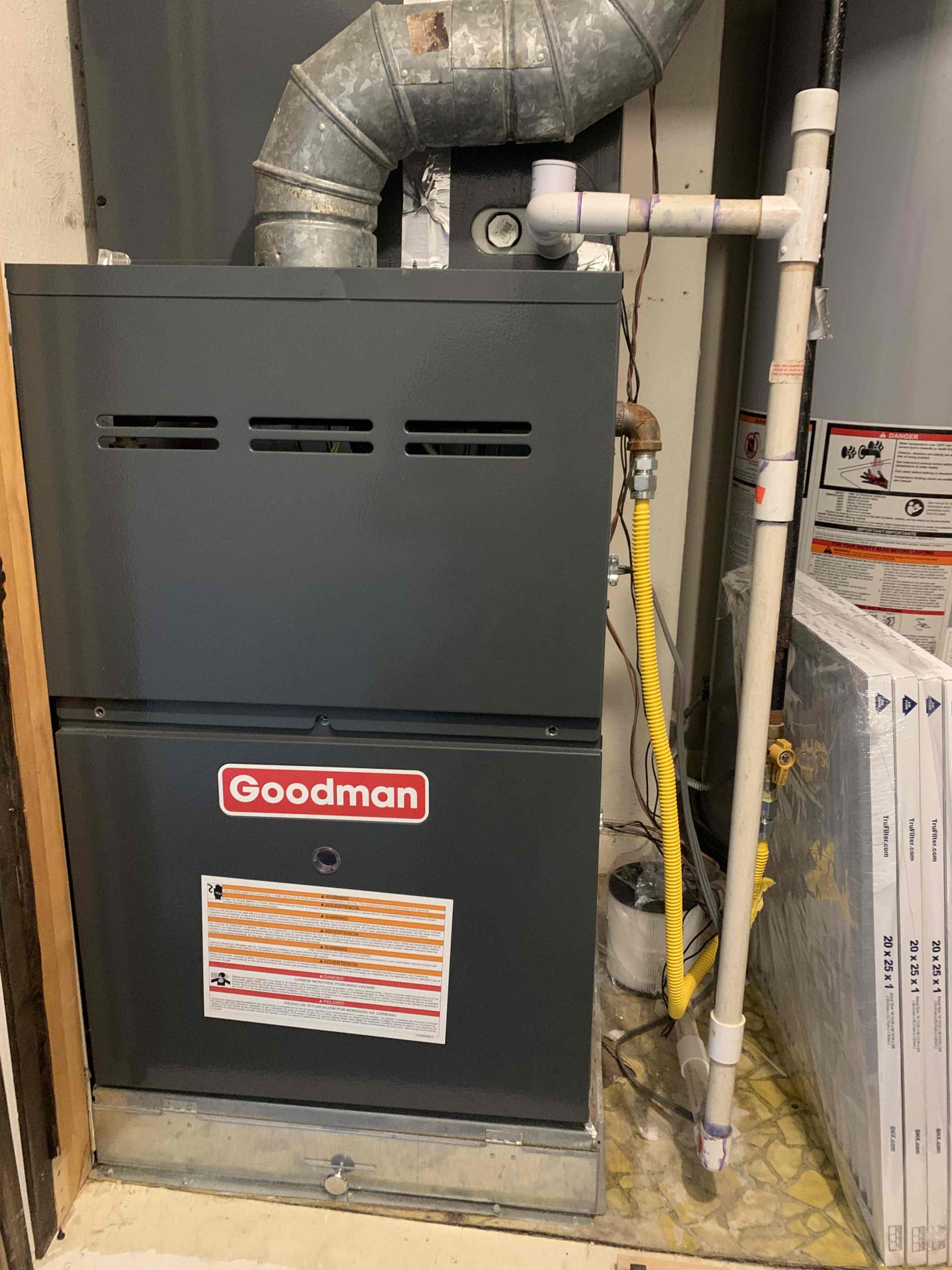 Preformed single system maintenance on a 2021 gas Goodman unit. I began by testing all electrical and safety components. All tested within manufacturer specifications, except for the high temperature limit switch for the heat exchanger. I found that it was bypassed, I also wired it back into the system to test to see if it would trip at the set limit of 150 degrees. It did not shut down the system after going over the 150 mark. I also found that there was not sediment trap on the gas line going into the system. I brought these findings to the clients attention and they elected to have both concerns fixed. I changed the filter for the client 20x25x1. Temperature being supplied to the home was 120 degrees. Unit was cooling upon departure. 