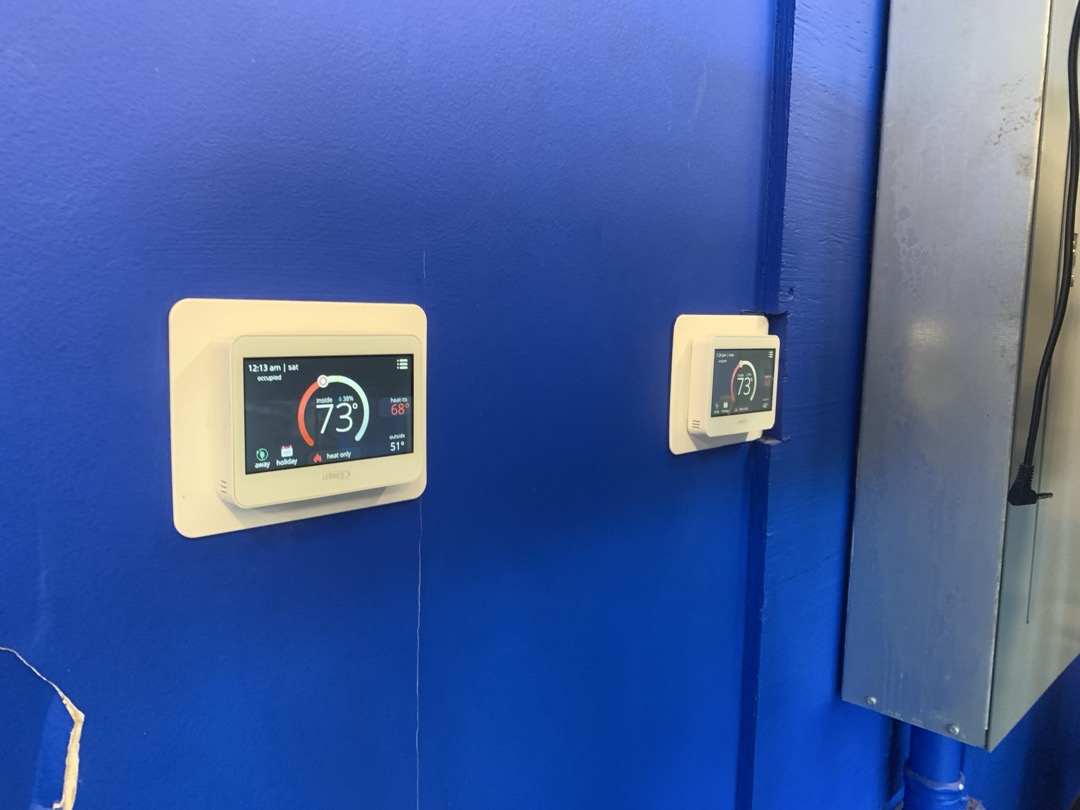 Arrived on site for heating maintenance. Found 33a (left air handeler) thermostat not power on. Tested for 24v volts from common to R and found nothing. Upon further inspection I found a bad fuse. Reviewed and tightened all wire connections and did not find further issues. Replaced 3 amp fuse with a 5 amp fuse and unit powered on and continued to work without issue. Tested electric strip heat on both units and found they were testing within manufacturer specifications. Tested blower amps and replaced filters. Inspected evaporator coil. Noticed decent amount of dust buildup on blower wheels. Outdoor coils are clean. Units heating well upon departure.