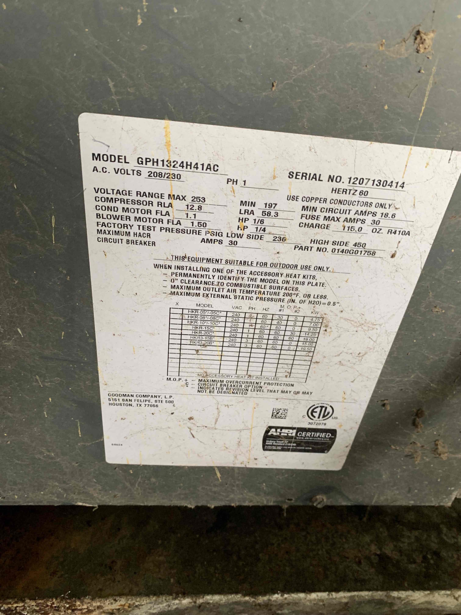 Preform single system maintenance on a 2012 Goodman heat pump. I tested all electrical components on the unit . All tested within manufacturer specifications. Temp being supplied to the dock house was 112 and return was at 70. Unit was heating upon departure. 