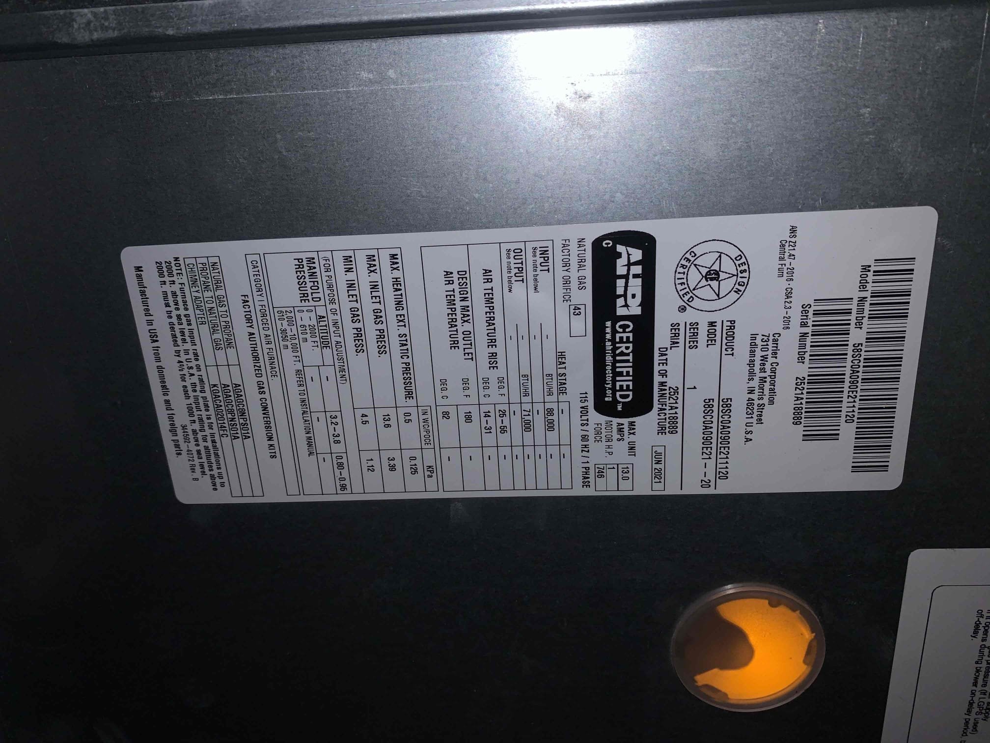 Preformed single system heating maintenance on a 2021 carrier gas furnace. The system has 2 zones. I tested all electrical components and safeties. All tested within manufacturer specifications. I changed the filter for the client 20x25x1. I did let then client know they have the room for a 20x25x4 filter so they wouldn’t have to change it as often. Temp being supplied to the home durning a call for heat was at 119.8 degrees and 68 degrees return air. I proceeded outside to visually inspect the outside unit. I did notice the unit did not have any type of surge protection. Unit was heating upon departure.