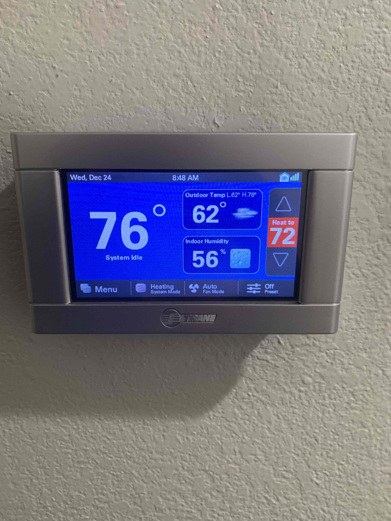 Performed a complete heating system maintenance and inspection.

Inspected and tested all electrical components and safety controls on the indoor unit; all components tested within manufacturer specifications.

Verified system temperatures: return air temperature measured at 76°F; supply air temperature measured at 102°F and rising.

Confirmed air filter needed to be changed. Filter size Aprilaire 910

Inspected and tested all electrical components on the outdoor unit; all 
components tested within manufacturer specifications.

Confirmed system was operating properly and heating upon departure.

System Status: Operating normally at time of service.