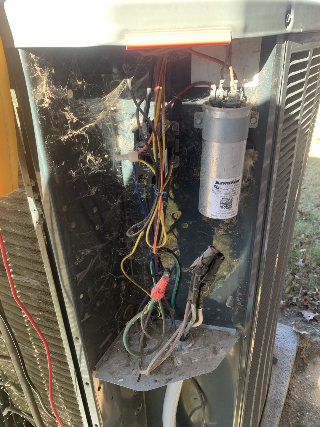 Visually inspected condenser coil for debris/ dirty.
2. Inspected condenser fan motor.
3. Inspected condenser fan blades.
4. Inspected/ cleaned wiring connections.
5. Tested for gas leaks
6. Tested functionality and cleaned flame sensor
7. Tested functionality and cleaned pressure switches and ports
8. Inspected / replaced return filter.
9. Inspected return plenum for debris/ dirty.
10. Inspected evaporator coil.
11. Tested functionality and visually inspected surface igniter
12. Checked blower amp draw.
13. Measured temperature differential from supply to return. 20 degrees measured.
  Found bad capacitor on upstairs unit testing outside of manufacturer specs. Found flame sensor pitted and burnt on downstairs unit. Also both condensers had a thick layer of matting on back side. Recommended chemical cleaning to improve system efficiency and reduce stress on system. 