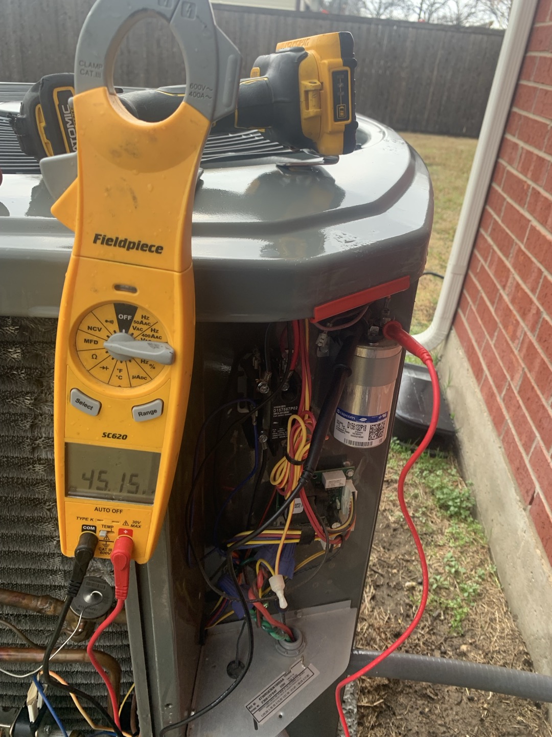 Performed maintenance on 2023 Trane Heatpump 3T
1. Visually inspected condenser coil for debris/ dirty.
2. Inspected condenser fan motor.
3. Inspected condenser fan blades.
4. Inspected/ cleaned wiring connections.
5. Tested compressor/ condenser fan motor capacitor.
6. Checked compressor amp draw.
7. Checked condenser fan motor amp draw.
8. Inspected / replaced return filter.
9. Inspected return plenum for debris/ dirty.
10. Inspected evaporator coil.
11. Inspected blower motor/ blower wheel.
12. Checked blower amp draw.
13. Measured temperature differential from supply to return. 20 degrees measured.
14. Tested capacitor and contactor (outdoor electrical)
15. Rinsed condenser unit to promote heat exchange
16. Tested emergency heat and found no issues

No issues with heating found today. Homeowner complained of dust in master bedroom. Recommended Air Scrubber approved medical device to purify air and ionize fine particulates to cause dust to settle or get picked up by filter rather th