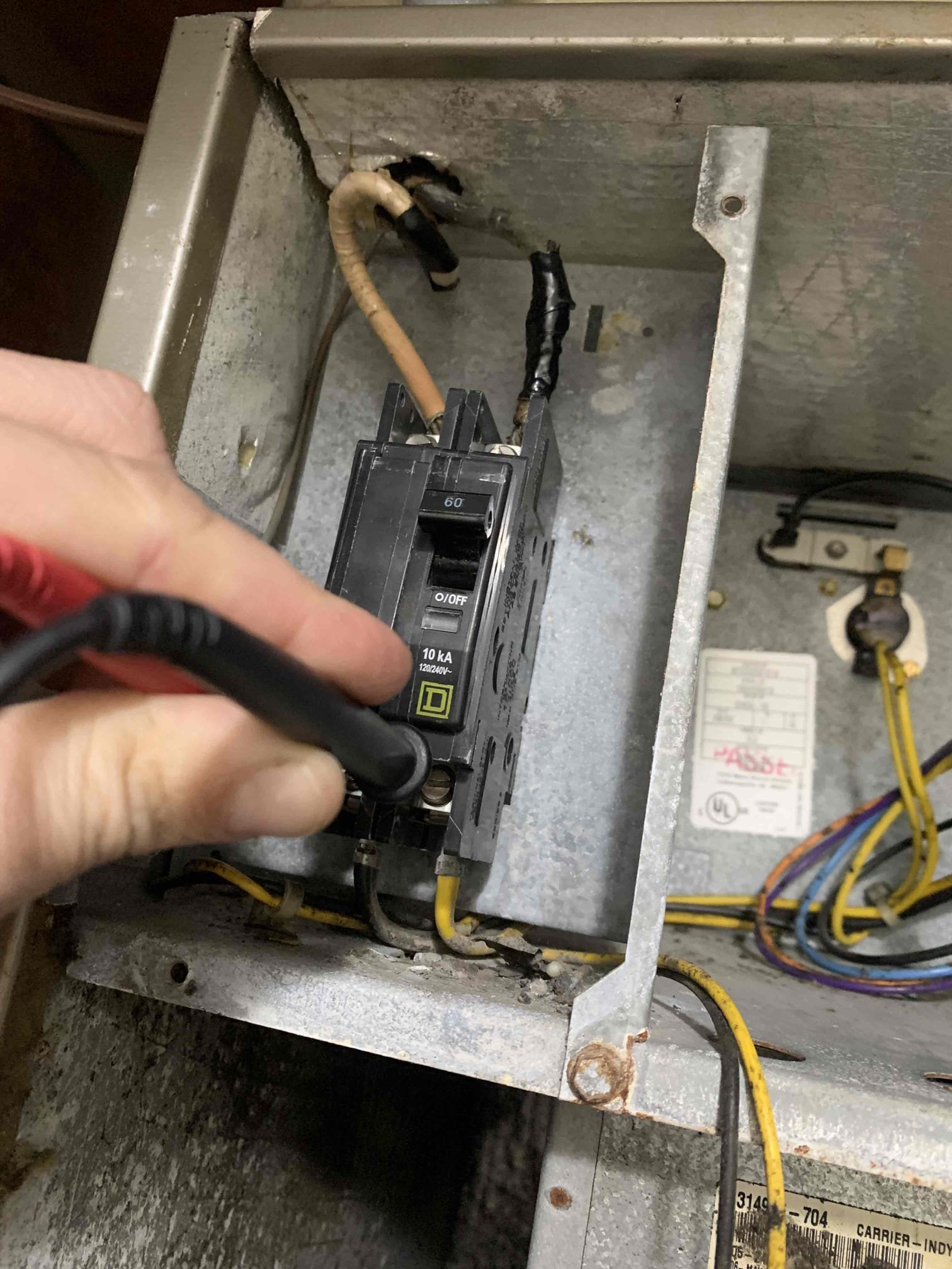 Upon arrival I started inspecting the unit from he inside. I provided a call for heat and nothing came on, I then provided a call for cooling and nothing came on again. I tested for power to the thermostat and I was getting 0volts of power. I then proceeded to check the main circuit breaker box and found he air handler breaker to be in the office position. I turned he breaker back on and tested for power at the air handler breaker and I was getting 240 volts coming in but 0 volts being supplied out. This tells me that the circuit breaker foe he air handler is burnt out and is not working properly. I called he client and explained to him what was going on and provided estimate to have breaker changed out. He elected to not go with the estimate. Unit is still down and not working at the time of departure. 