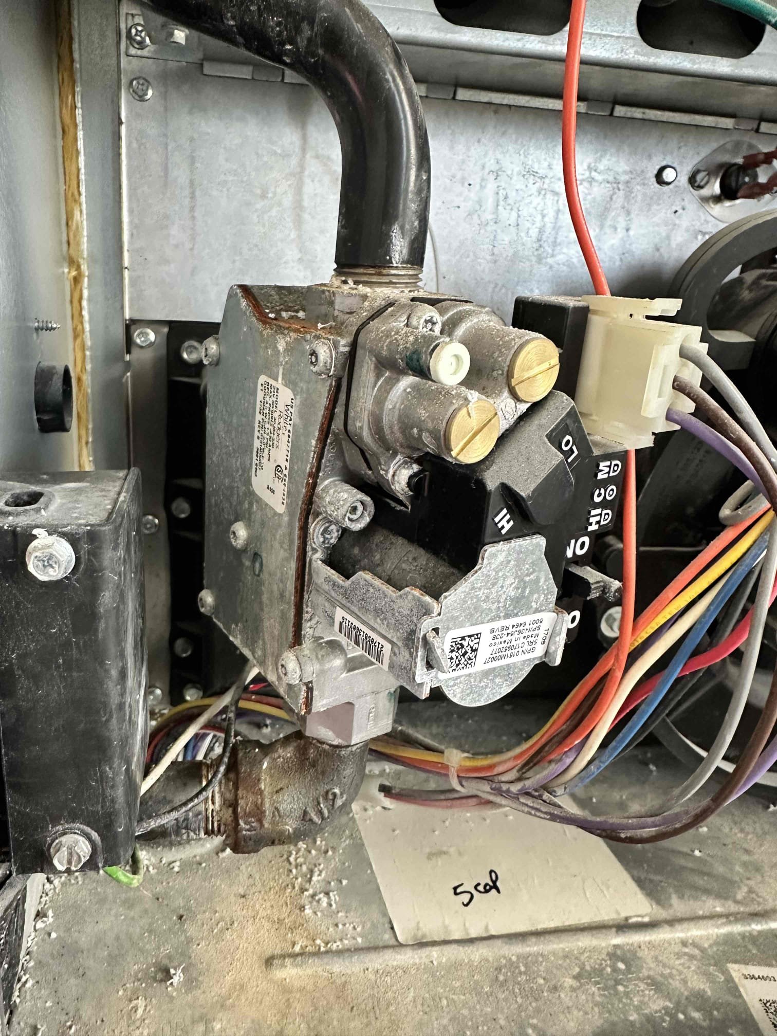 Gas valve is rusted and compromised. I replaced and set the gas pressure for high and low stage.