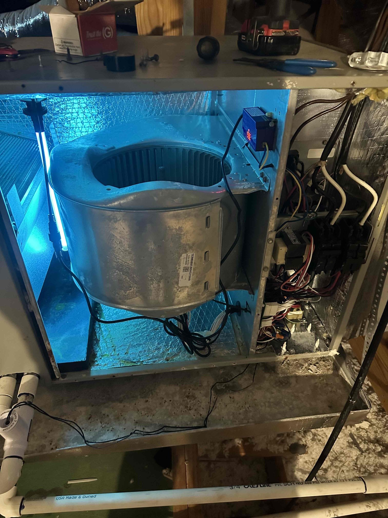 The downstairs unit is beginning to form growth inside of the airhandler. I recommend installing a u/v light to sterilize the surfaces. 

The upstairs system’s blower wheel is matted with dust. This causes reduced efficiency and lifespan of the blower motor. Also, the evaporator coil is oxidized reducing efficiency. 

I collected once work was done via check and registered the u/v light under the Emily Burk information.