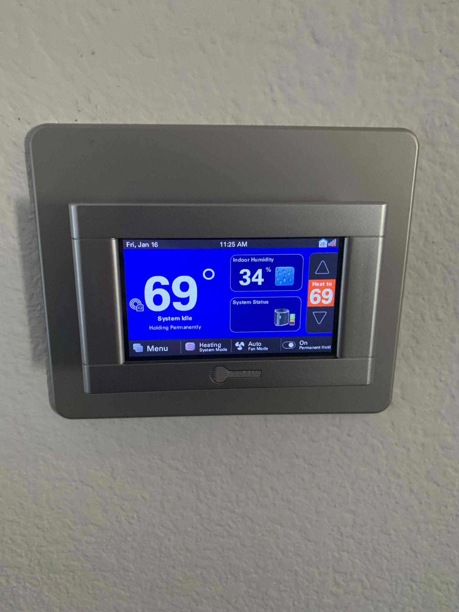 Performed a complete heating system maintenance and inspection. 2024 Gas system.

Inspected and tested all electrical components and safety controls on the indoor unit; all components tested within manufacturer specifications.

Spoke to client about duct cleaning.


Verified system temperatures: return air temperature measured at 71°F; supply air temperature measured at 116°F and rising. 

Confirmed air filter was recently replaced by client; filter size is 20” x 25” x 4”. Aprilaire 210 client said he would change.

I visually inspected the outdoor unit, 
The outdoor unit was in good condition 
Talked client about surge protection.

Confirmed system was operating properly and heating upon departure.

System Status: Operating normally at time of service.