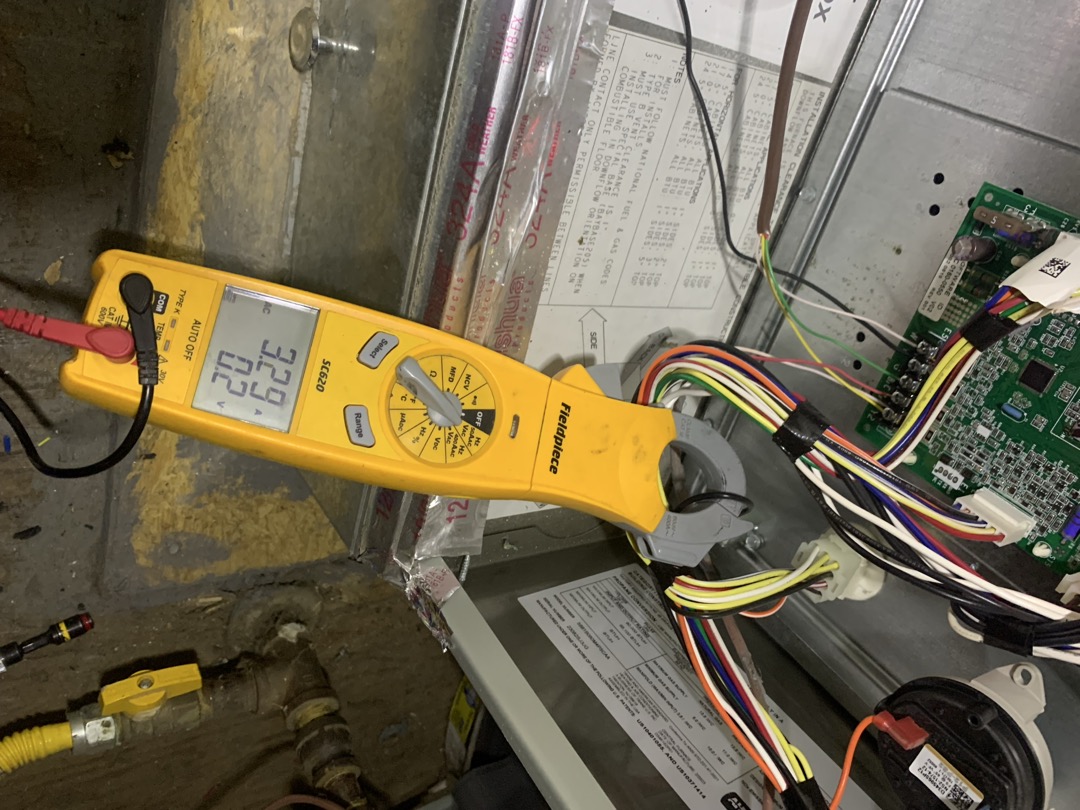  1. Visually inspected condenser coil for debris/ dirty.
2. Inspected condenser fan motor.
3. Inspected condenser fan blades.
4. Inspected/ cleaned wiring connections.
5. Tested for gas leaks
6. Tested functionality and cleaned flame sensor
7. Tested functionality and cleaned pressure switches and ports
8. Inspected / replaced return filter.
9. Inspected return plenum for debris/ dirty.
10. Inspected evaporator coil.
11. Tested functionality and visually inspected surface igniter
12. Checked blower amp draw.
13. Measured temperature differential from supply to return. 20 degrees measured.
14.Drain line tested with gallon of water for clogs and to push anything trying to solidify out

Found slight amount of dust on blower wheel. It is not a major concern at the moment, but is starting to accumulate dust. Advised homeowner that it is very likely this will need to be cleaning in the coming years to prolong the life of the motor. Also noticed from previous notes there was a power surge her